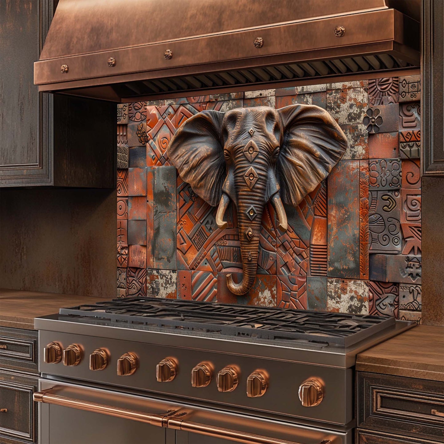 Decorative glass backsplash with elephant design above a stove in a kitchen.