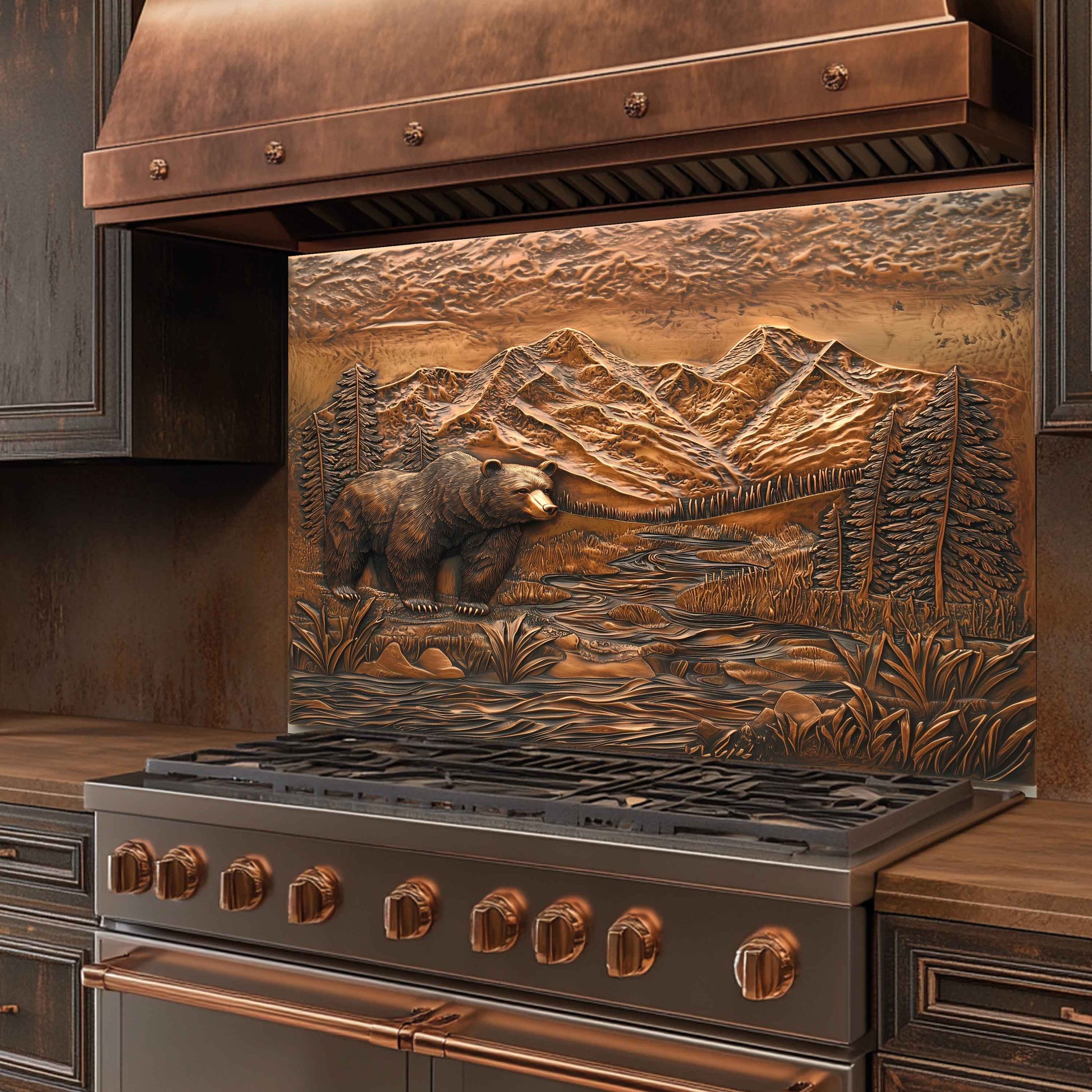 Decorative tempered glass backsplash with bear and mountain design