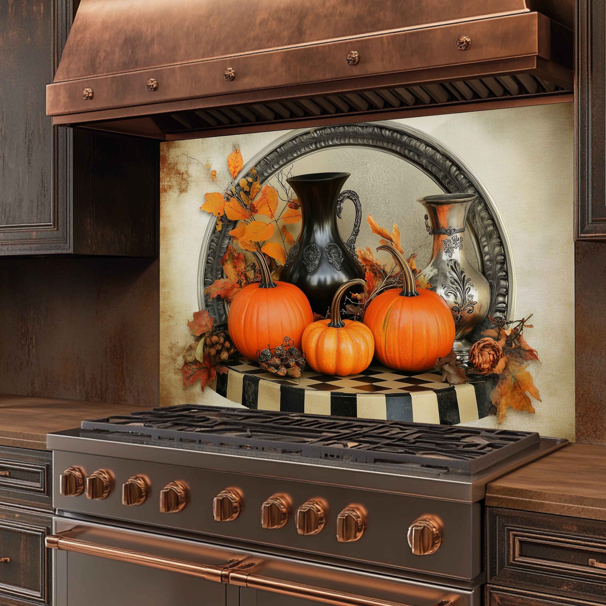 Decorative backsplash with pumpkins and vases above a stove in a kitchen.