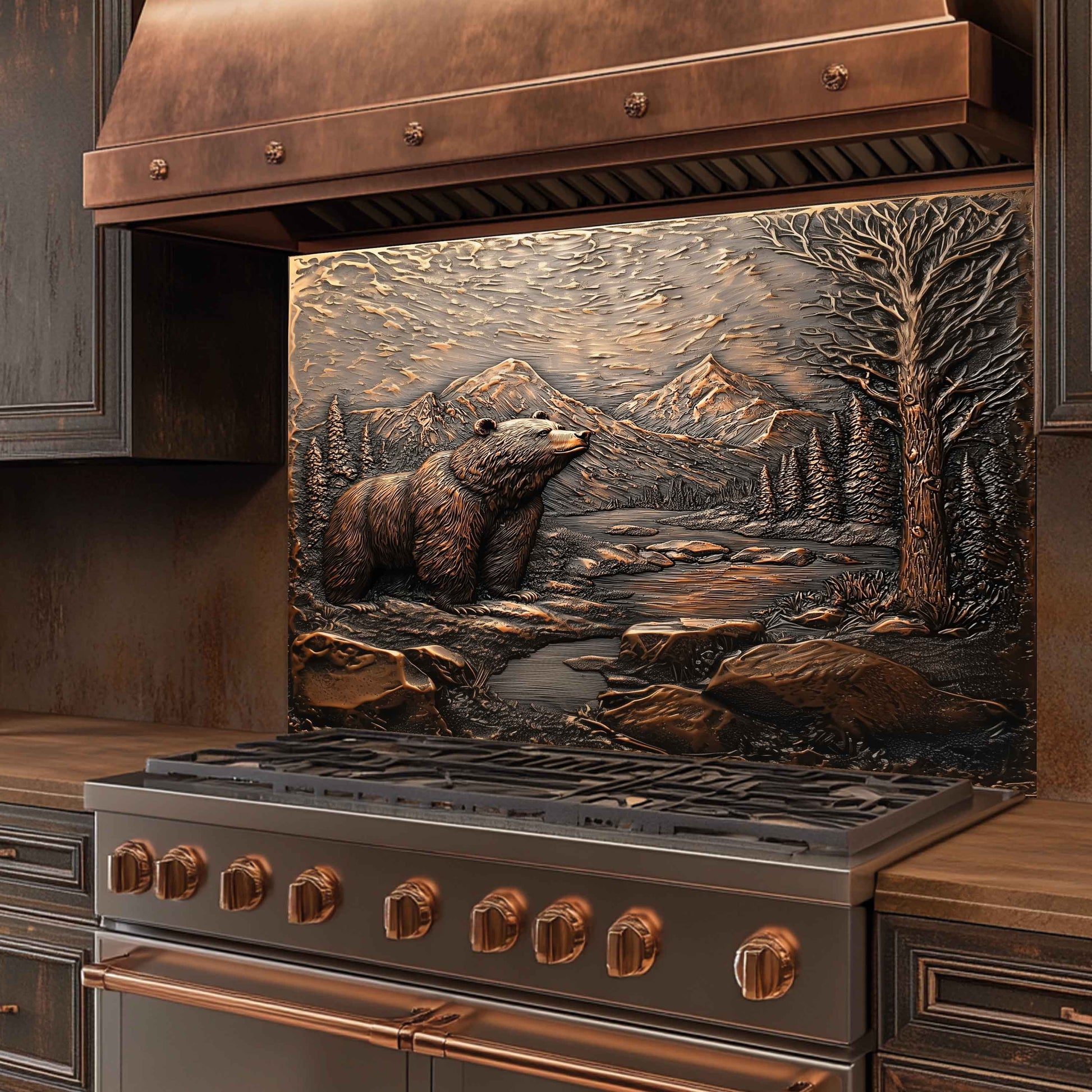 Stainless steel stove with bronze finish and bear and mountain design tempered glass backsplash