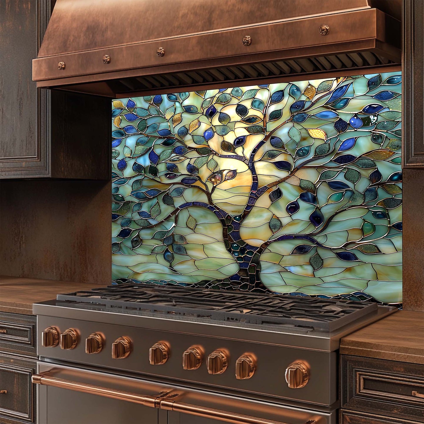 Decorative glass backsplash with tree design in a kitchen setting