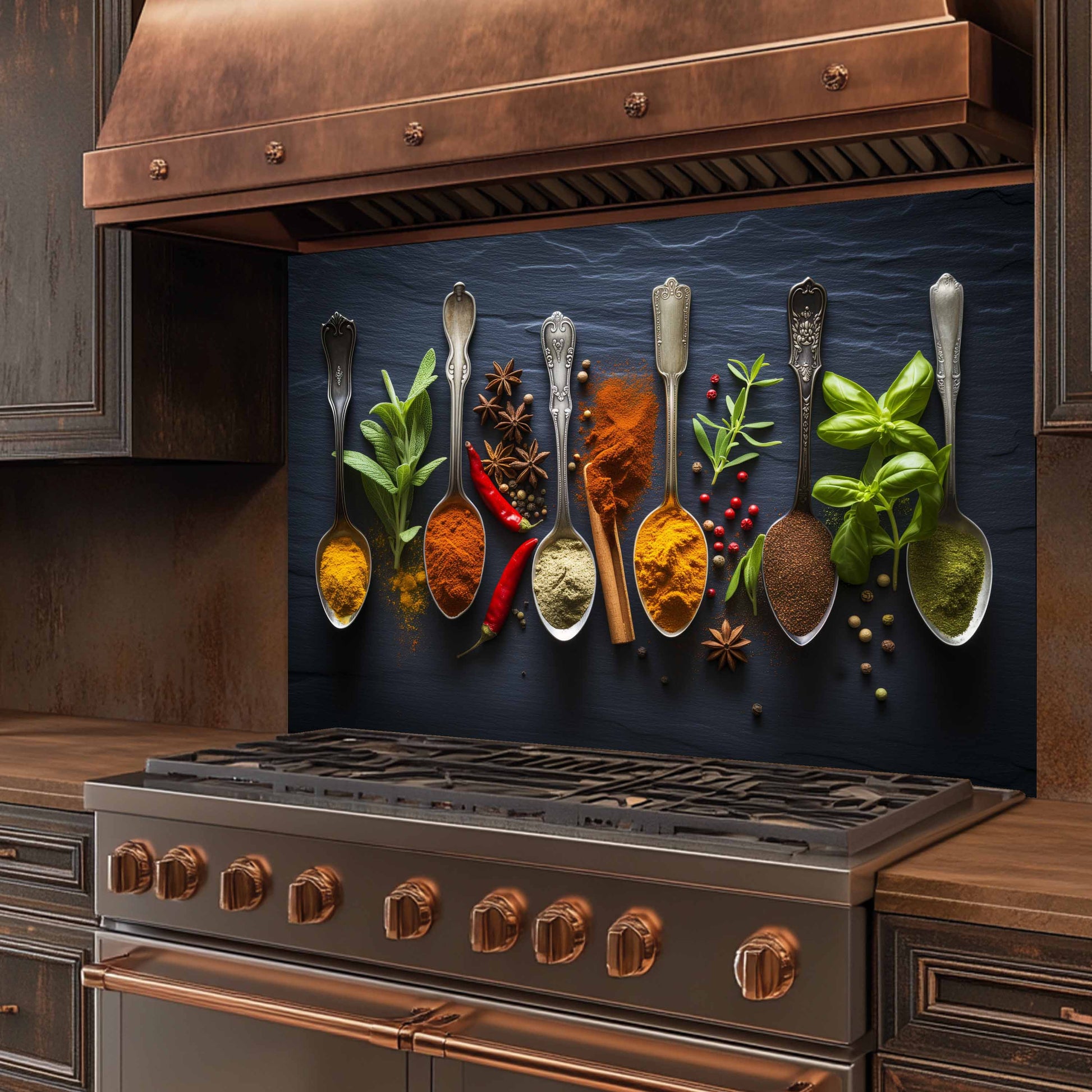 Stainless steel stove with copper accents and a decorative backsplash featuring spoons with spices and herbs.