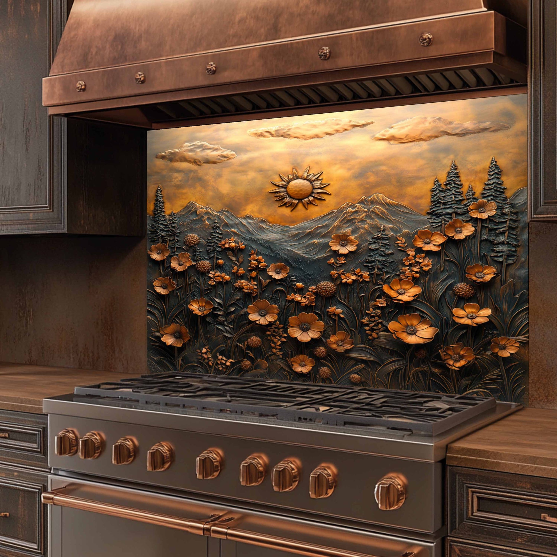 Stainless steel stove with decorative mountain and floral backsplash