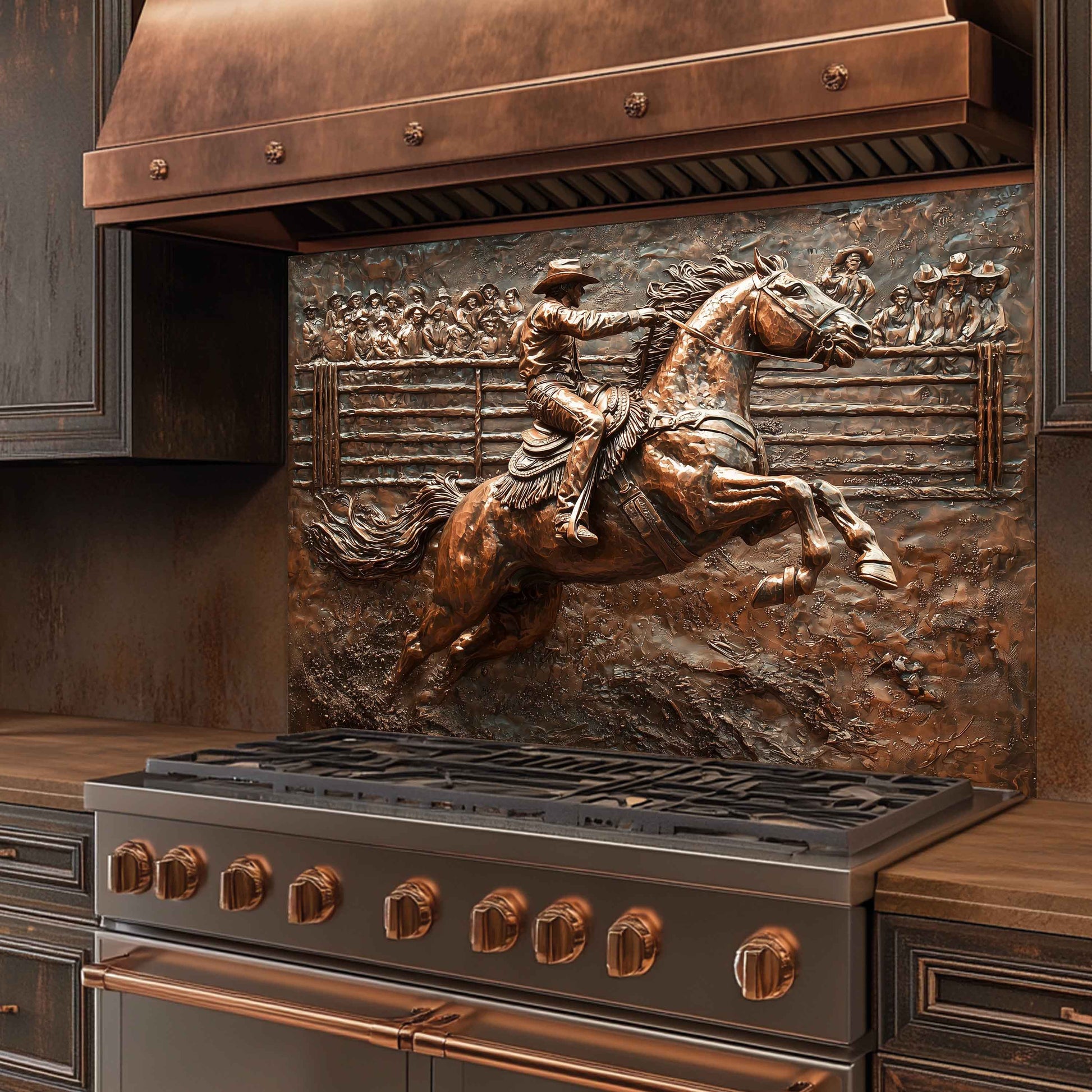 Stainless steel stove with bronze decorative splashback featuring a cowboy on a horse
