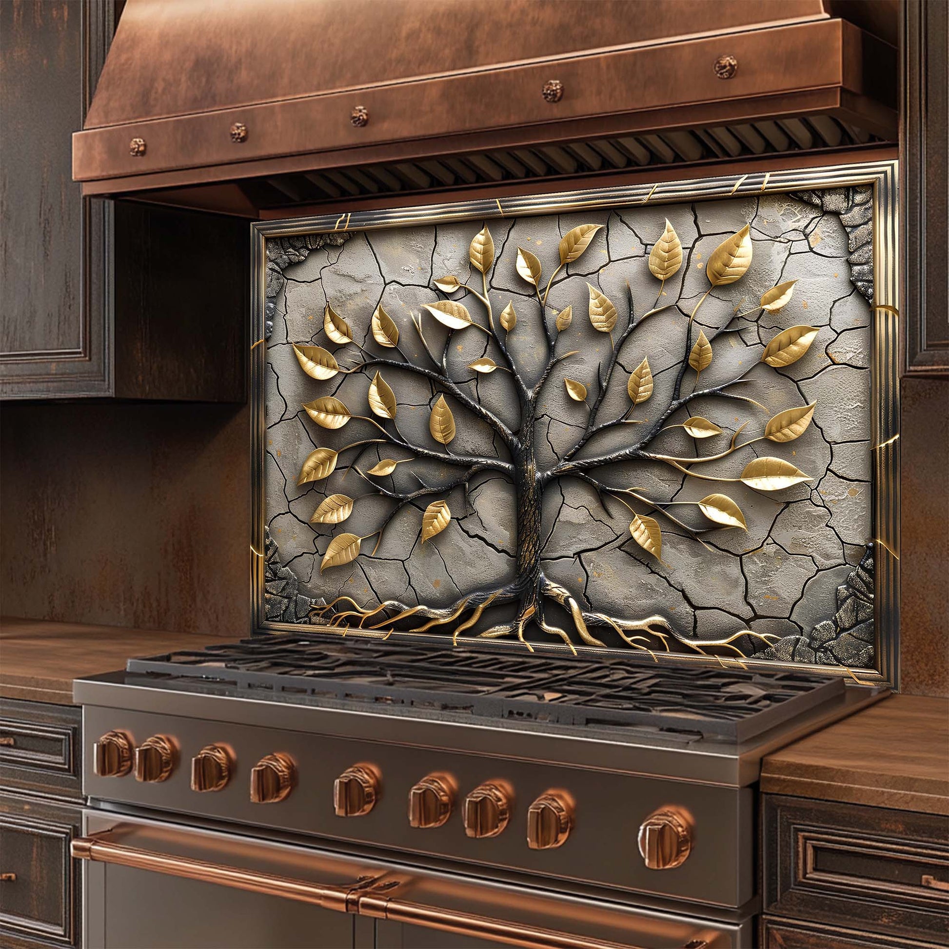 Decorative stove with tree design and gold leaves glass backsplash in a kitchen setting