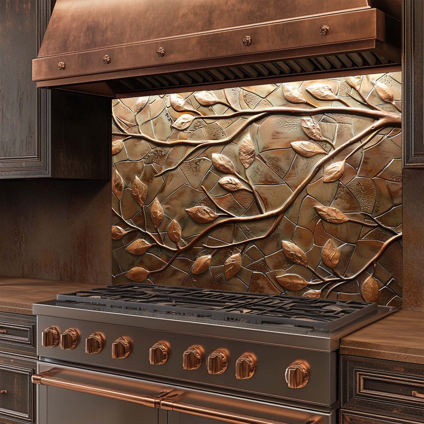 Stainless steel stove with copper leaf design glass backsplash in a kitchen setting