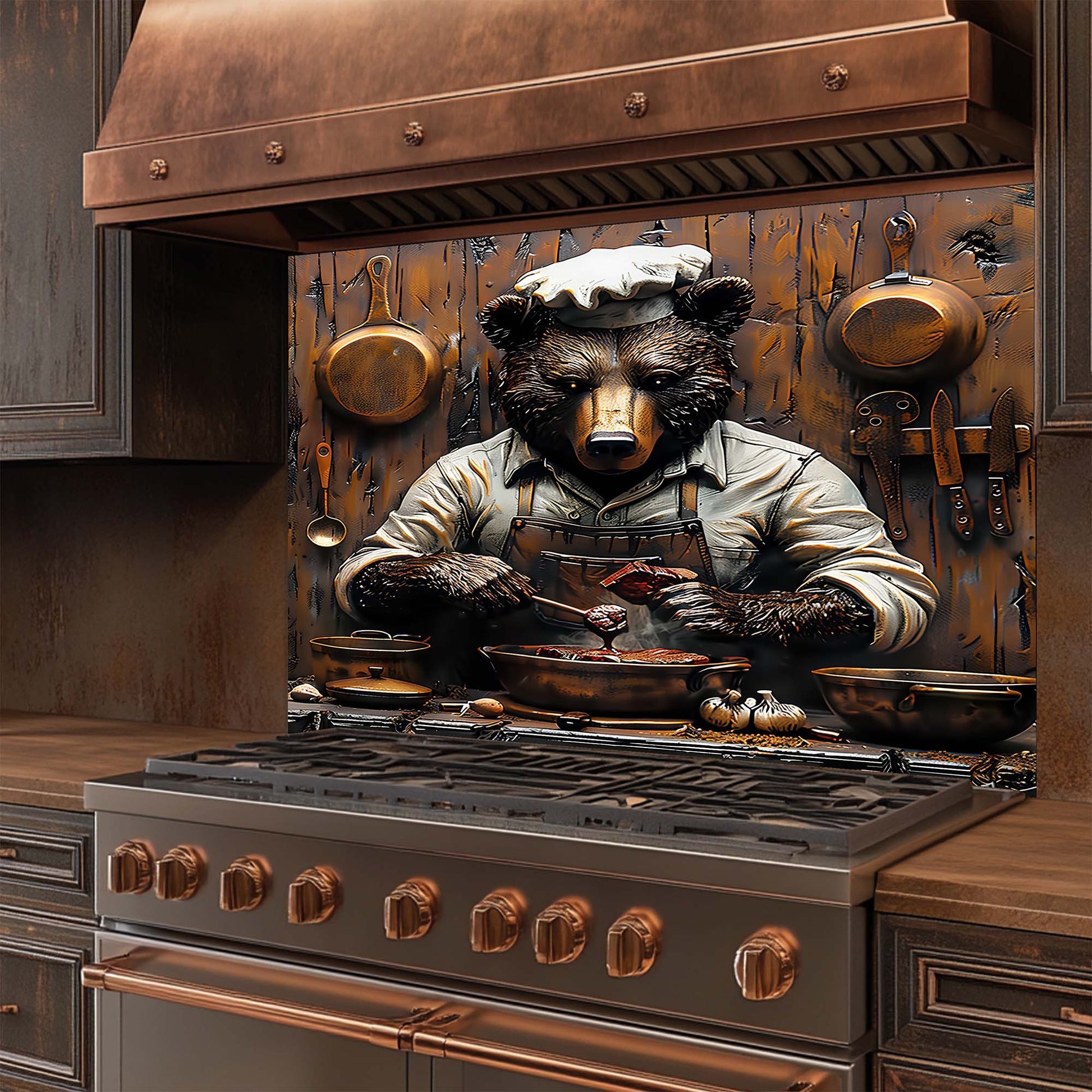 Decorative glass backsplash of a bear chef in a rustic kitchen setting.