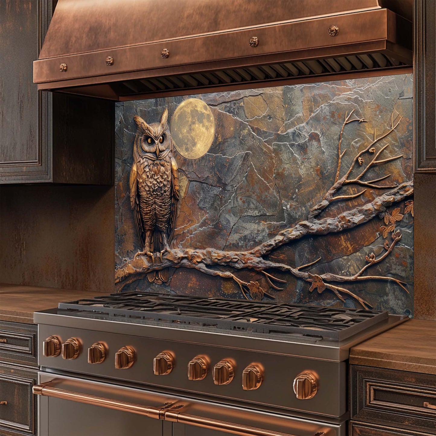 Stainless steel stove with decorative owl and moon design on the glass backsplash