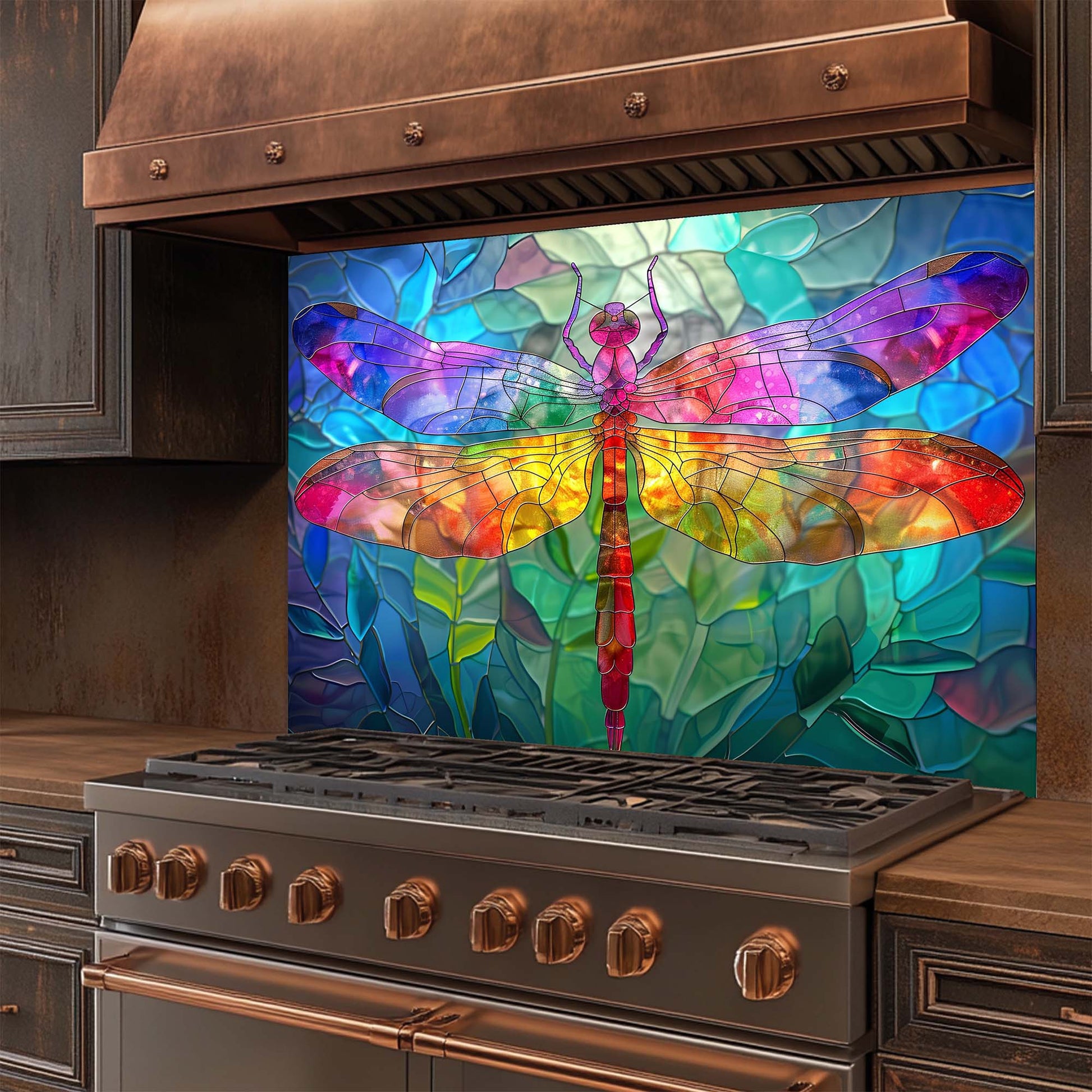 Stainless steel stove with a colorful dragonfly design glass backsplash