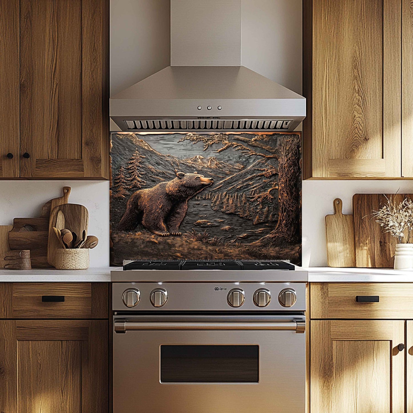 Stainless steel oven with bear backsplash in a wooden kitchen