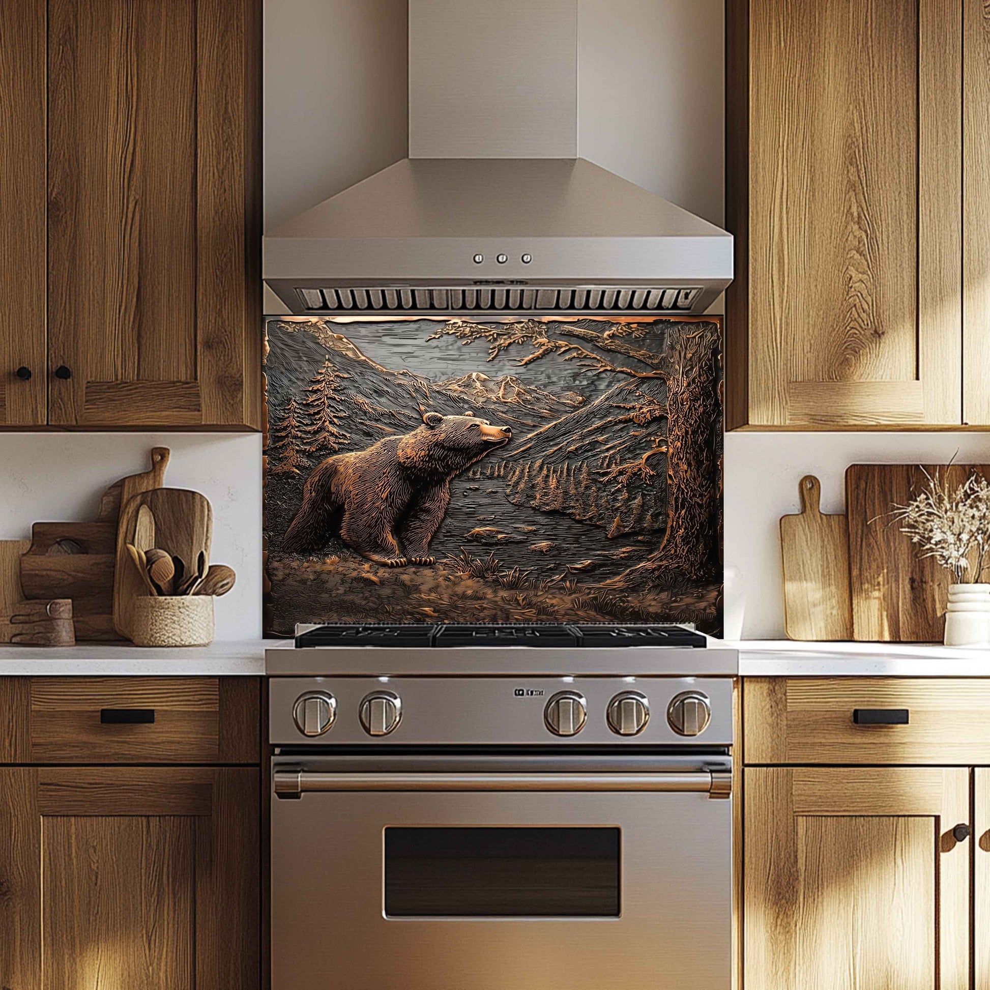 Stainless steel oven with bear backsplash in a wooden kitchen