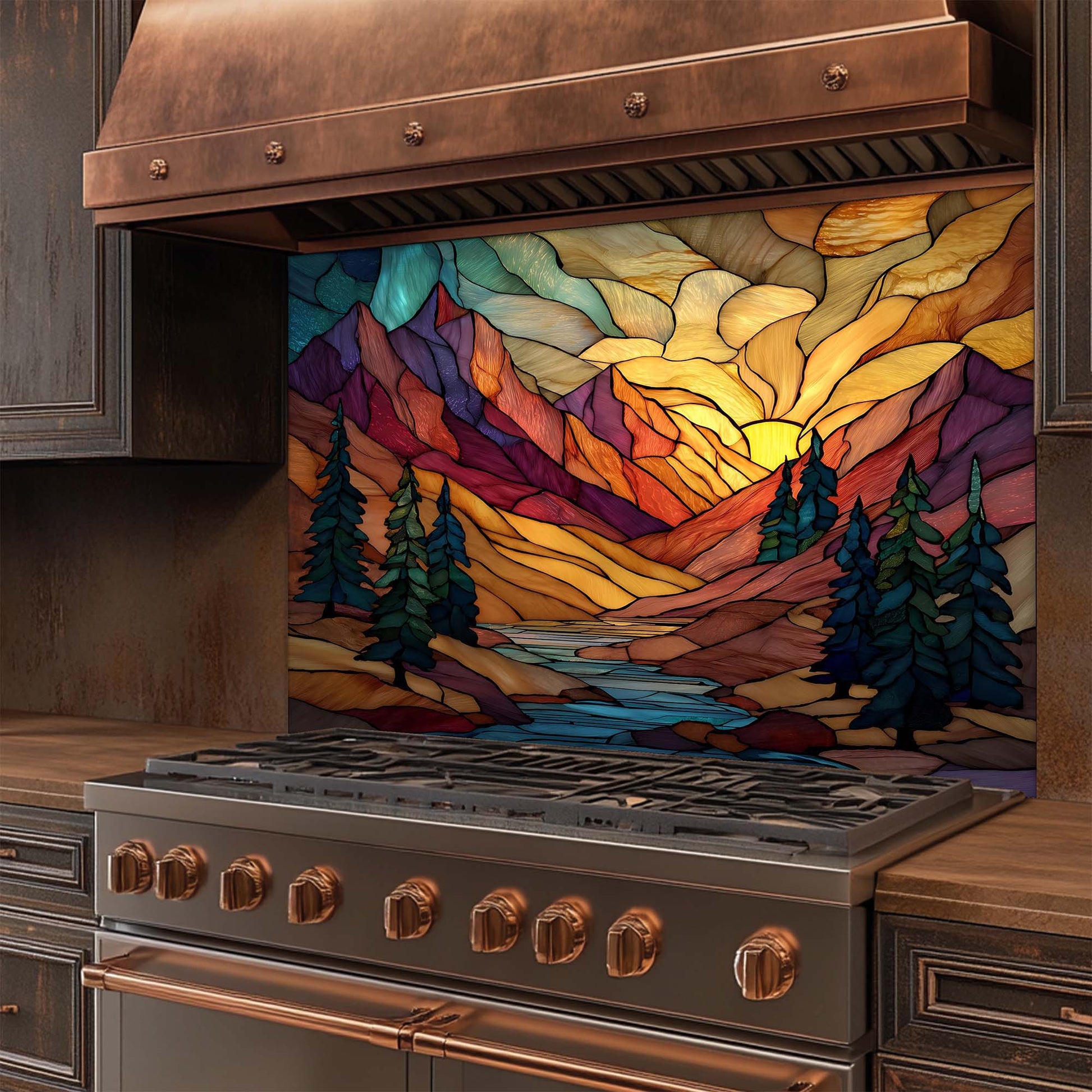 Stainless steel stove with copper accents and a colorful stained glass backsplash depicting a mountain scene.