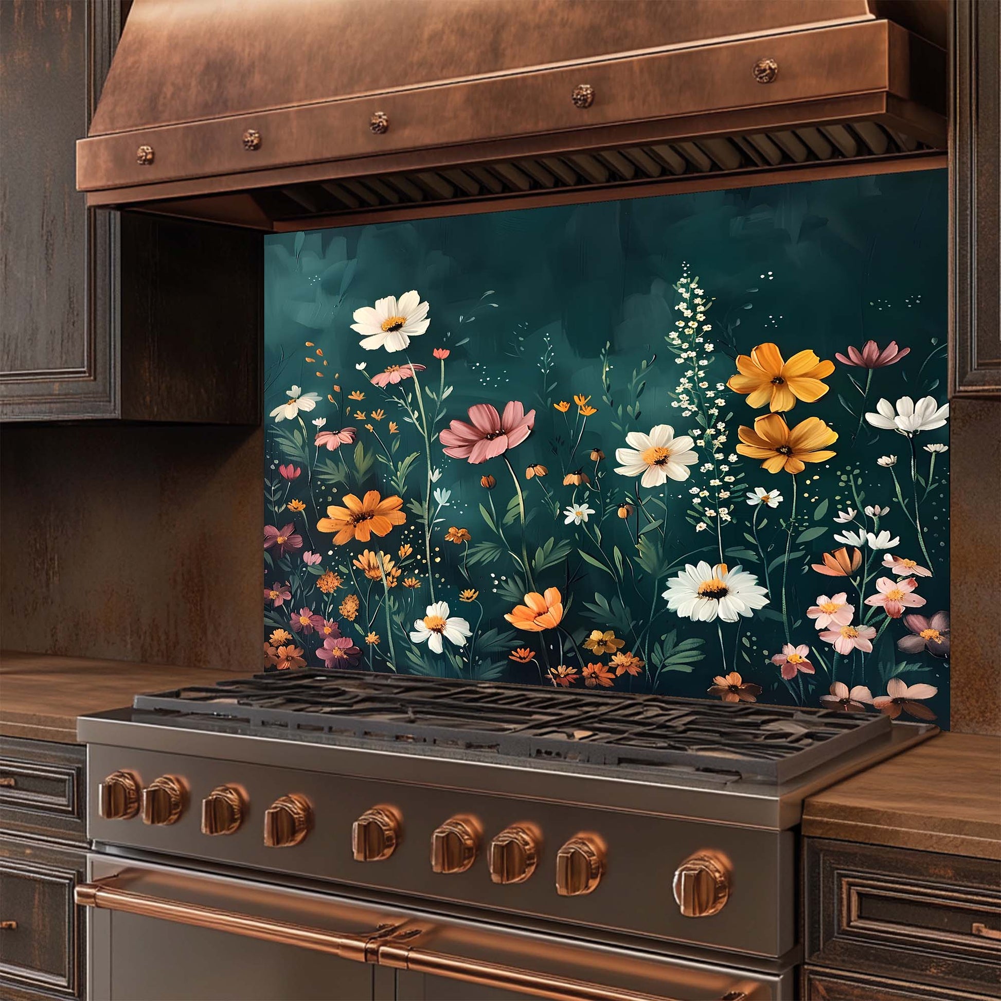 Stainless steel stove with floral glass backsplash in a kitchen setting