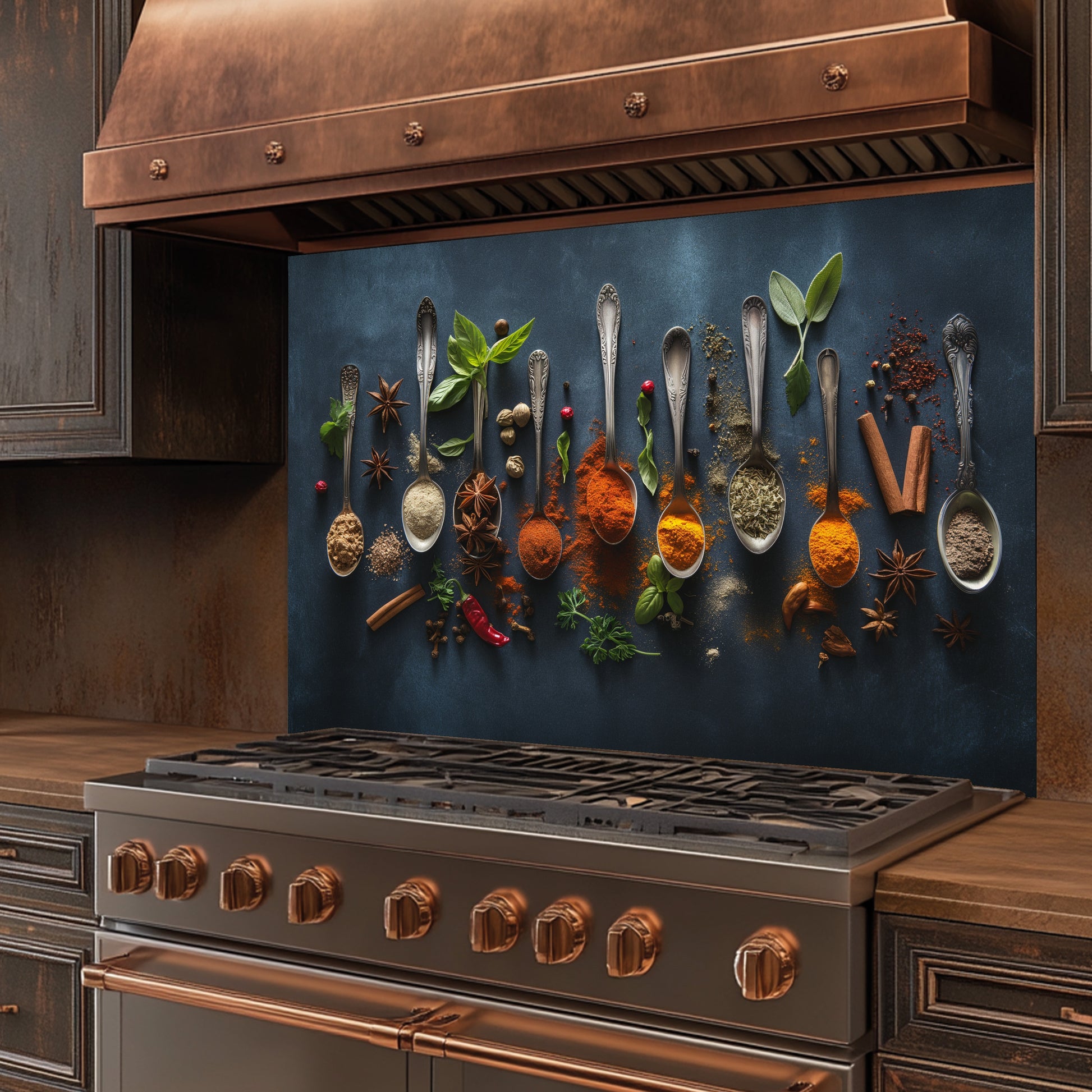 Stainless steel stove with copper accents and a decorative backsplash featuring spoons and spices.
