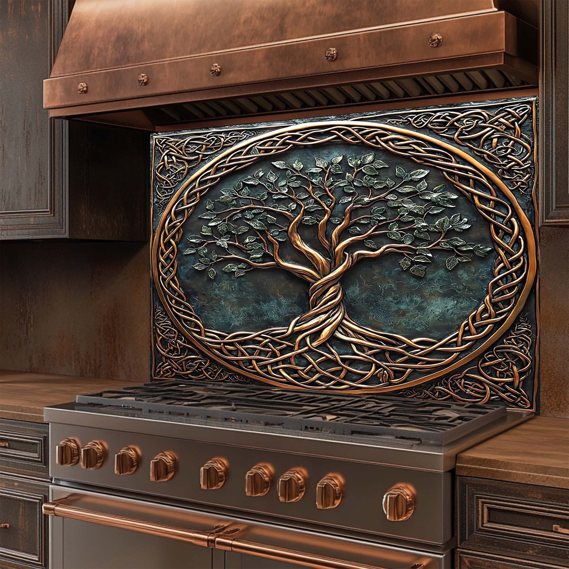Decorative glass backsplash with tree of life design in a kitchen setting