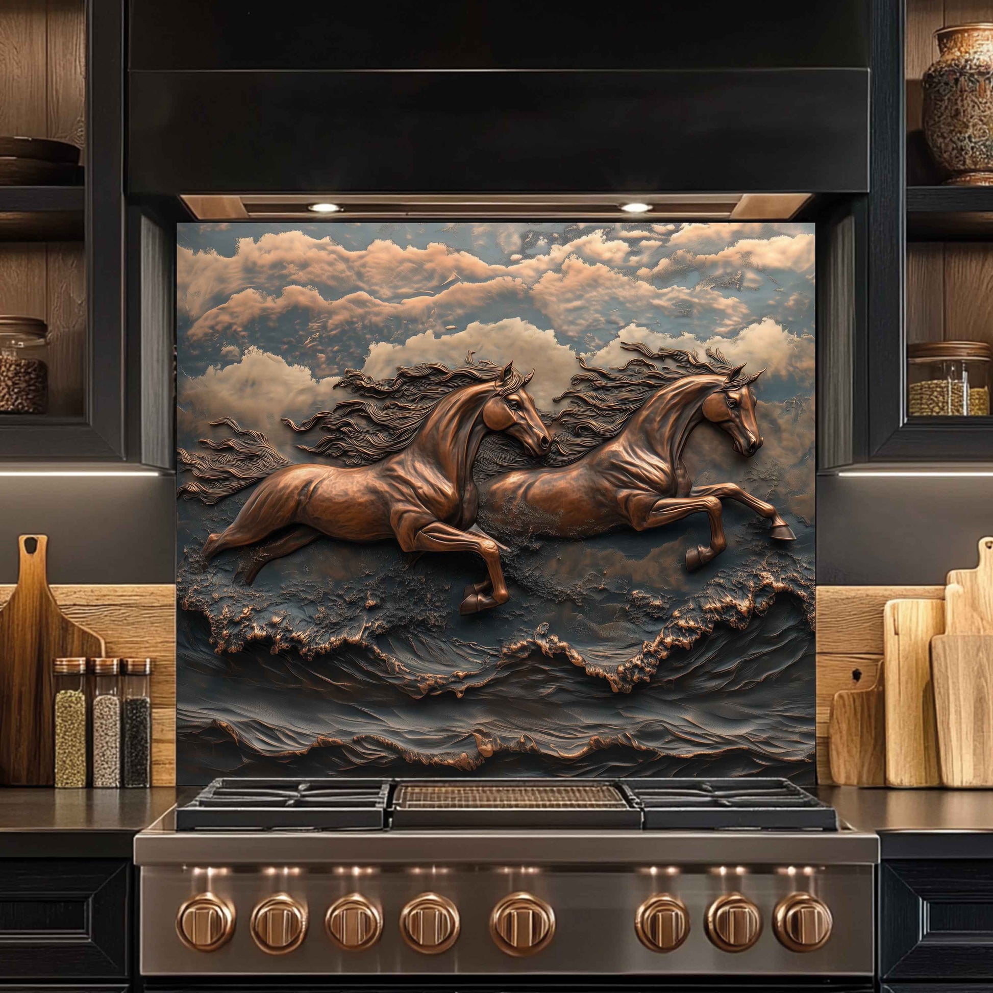 Stainless steel stove with decorative backsplash featuring running horses.