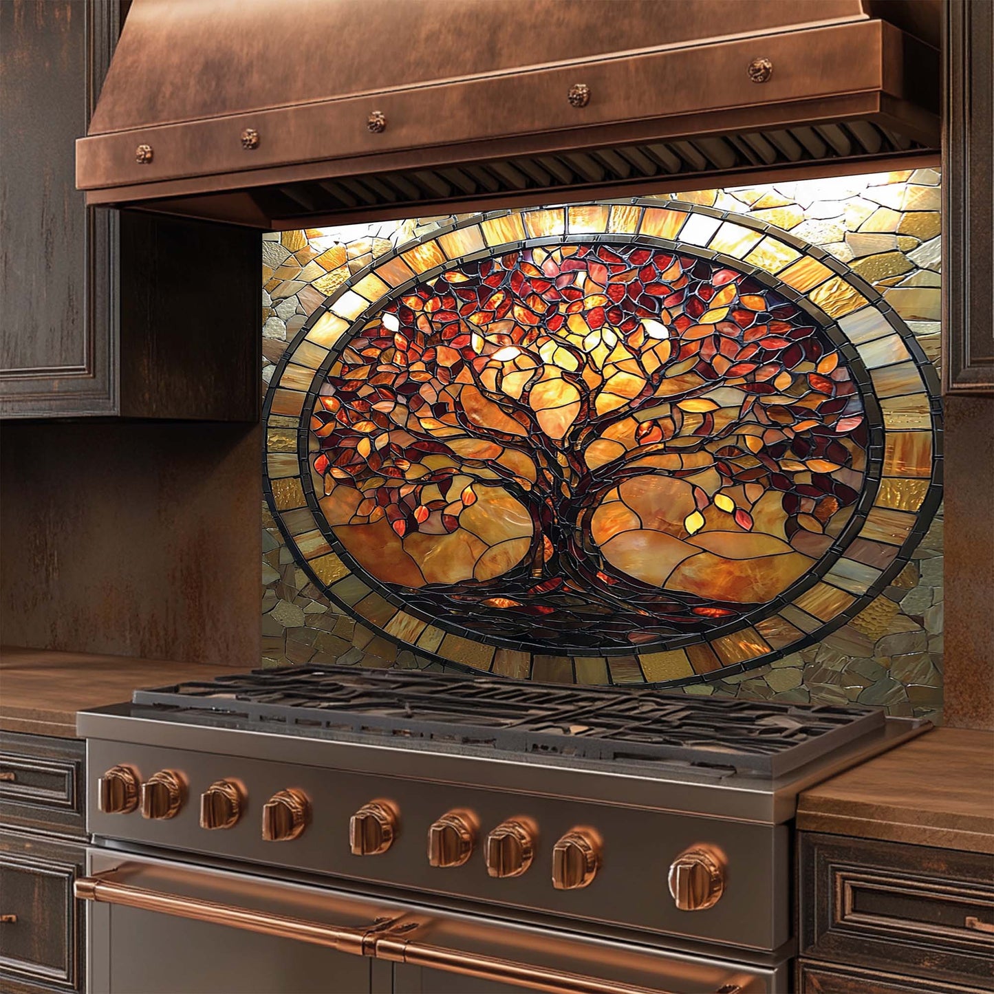 Stainless steel stove with a decorative stained glass backsplash featuring a tree design.