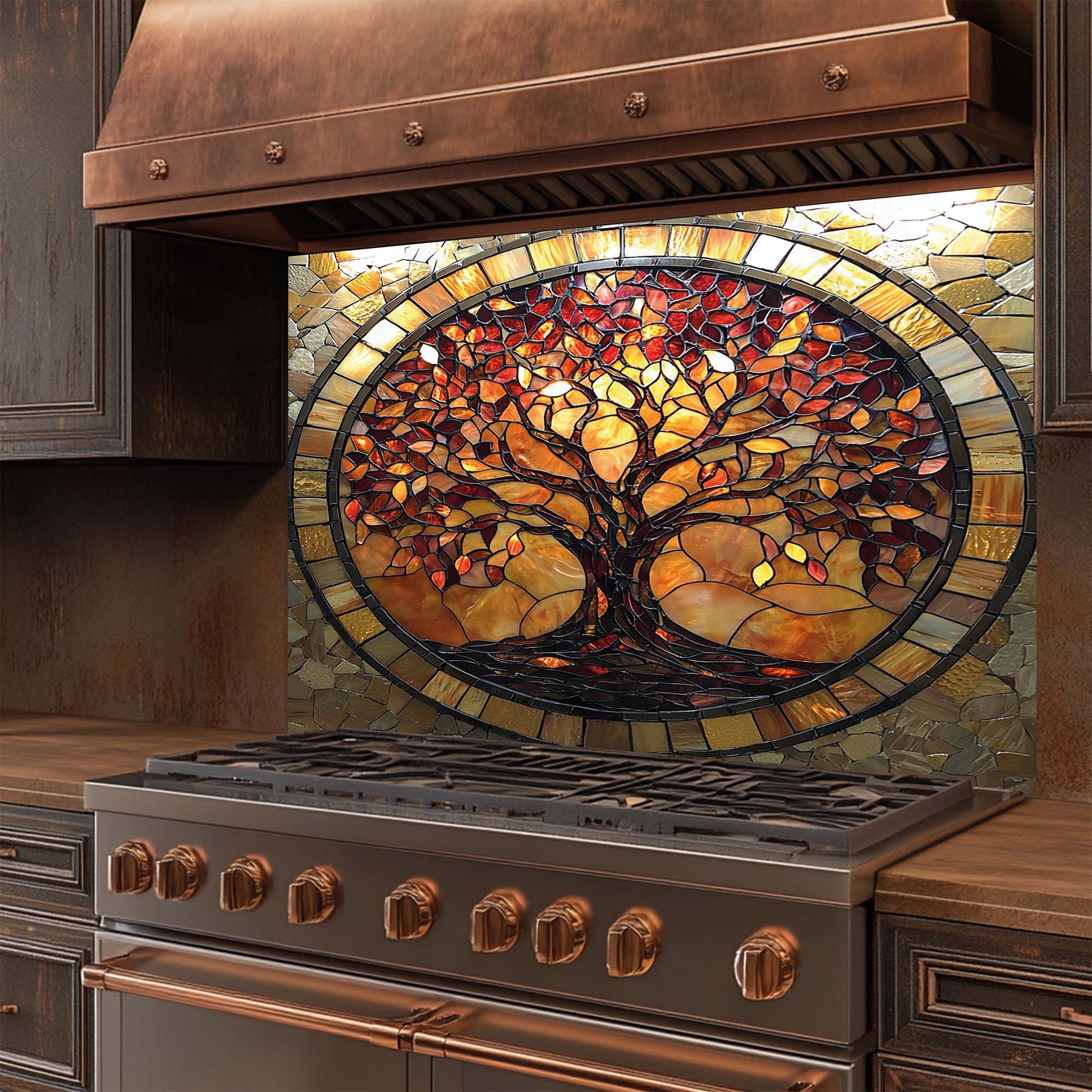Stainless steel stove with a decorative stained glass backsplash featuring a tree design.