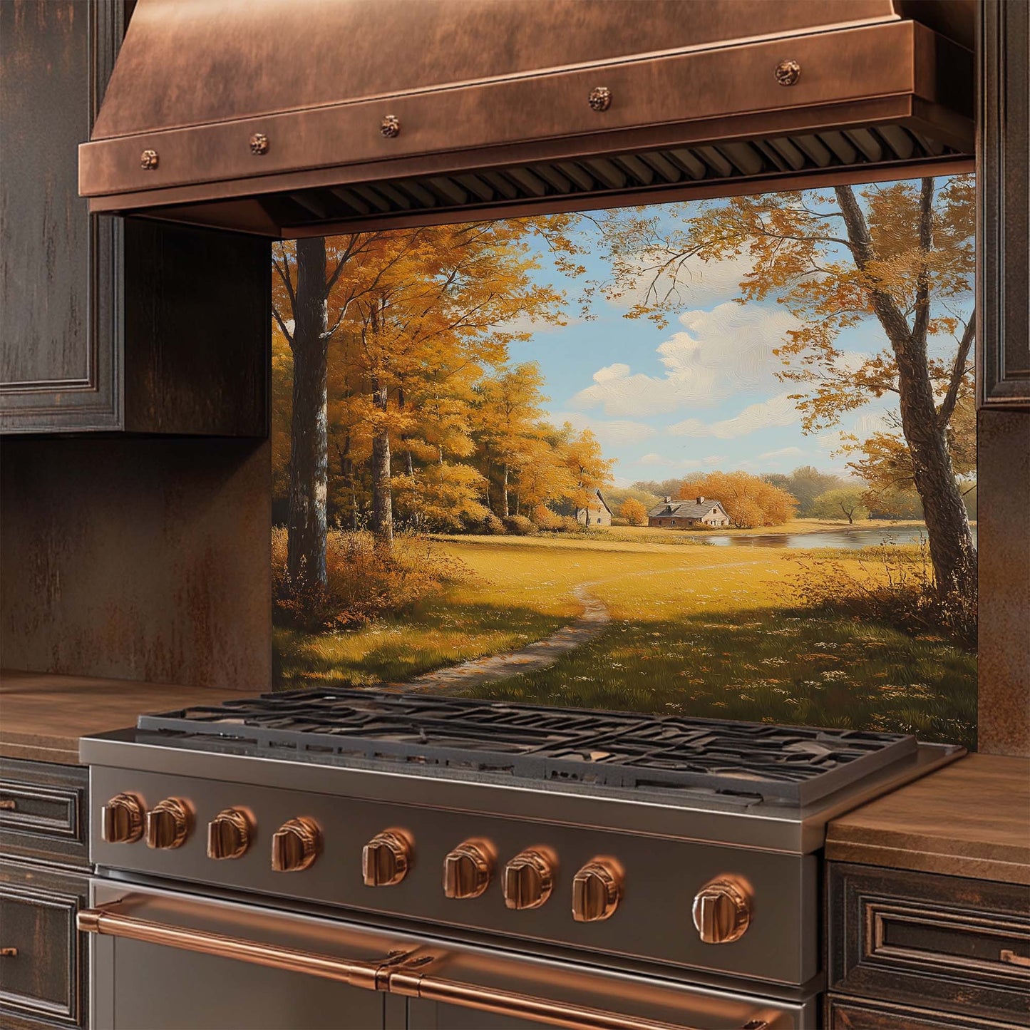 Golden forest landscape with cottage printed on tempered glass backsplash. Perfect for cozy fall-inspired kitchens.