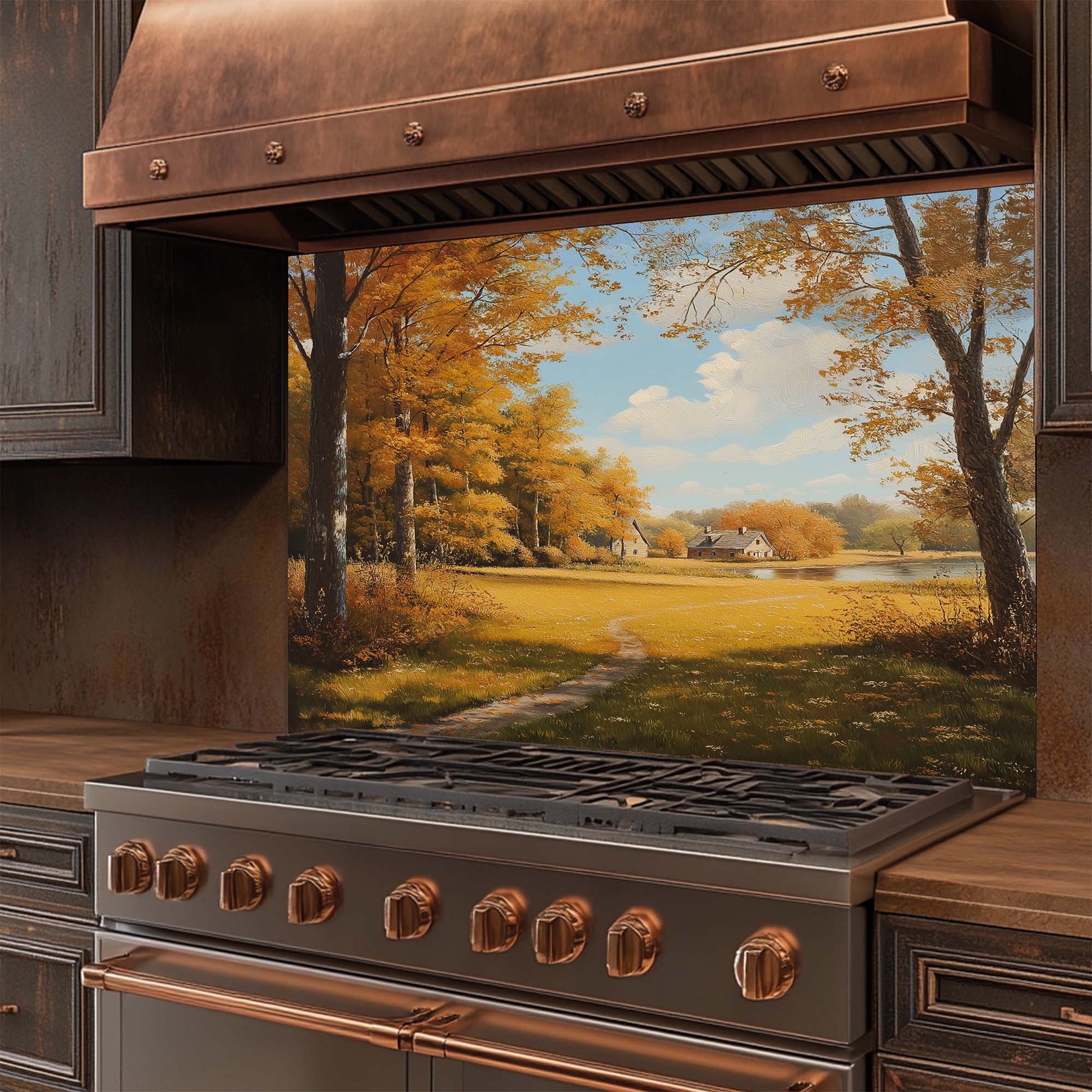 Golden forest landscape with cottage printed on tempered glass backsplash. Perfect for cozy fall-inspired kitchens.