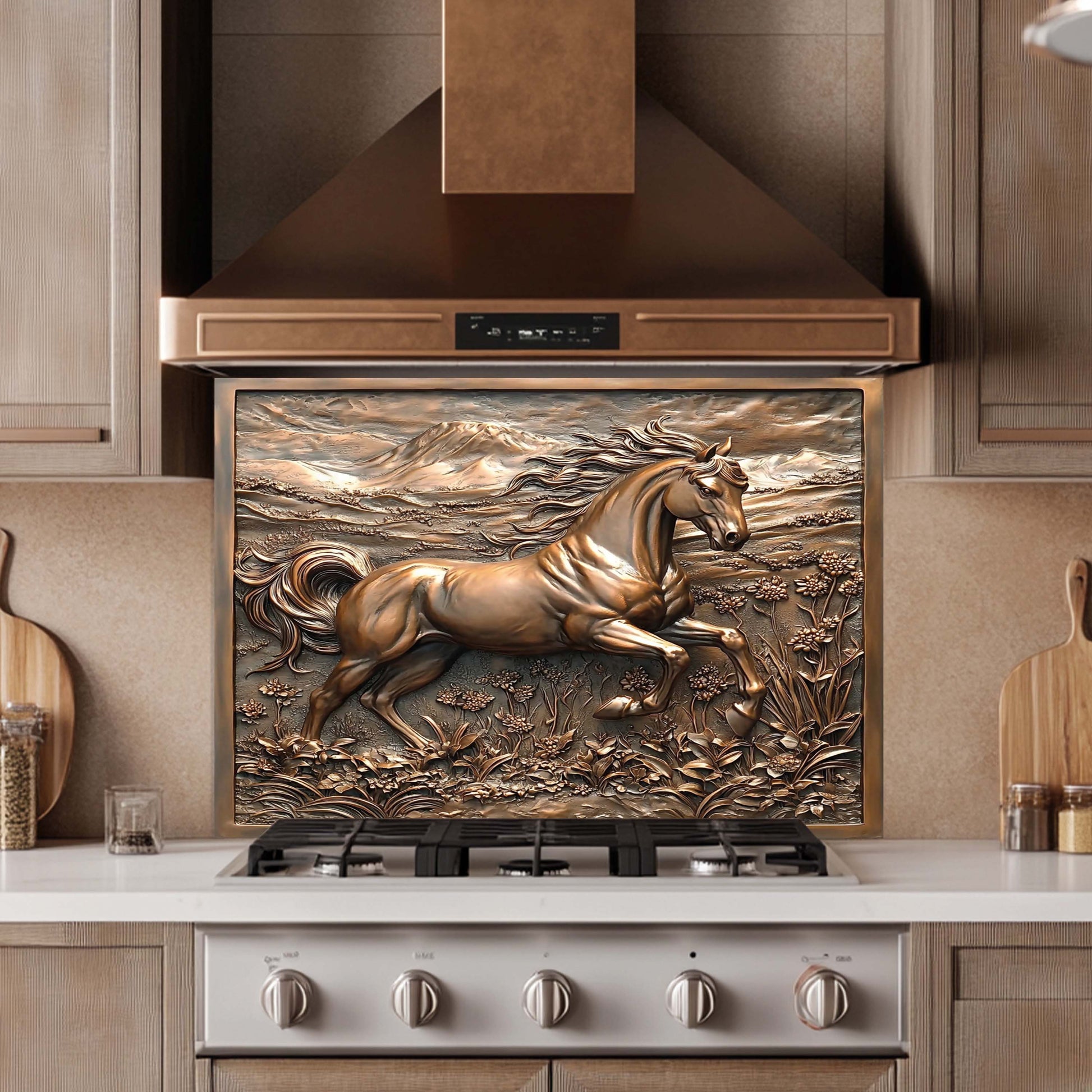 Decorative backsplash with a horse design in a kitchen setting