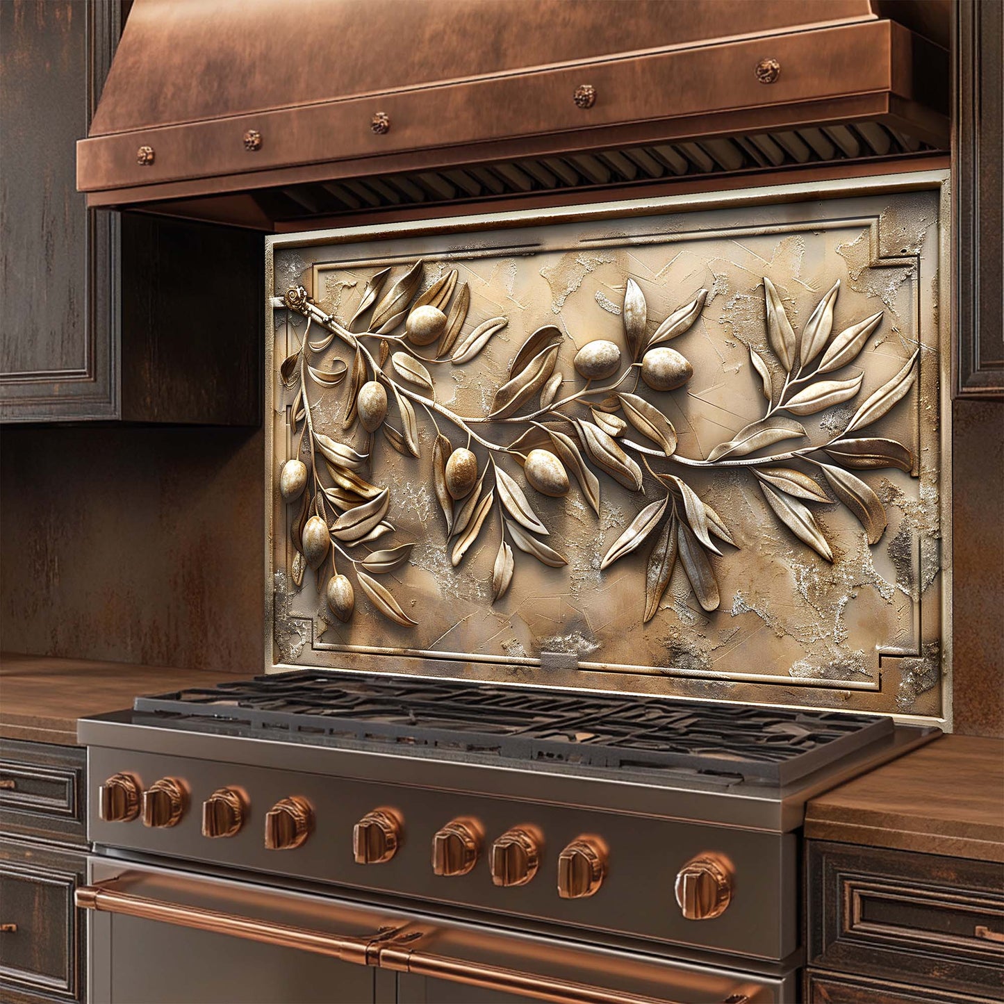 Stainless steel stove with decorative leaf design on the front of glass backsplash, featuring a copper hood.