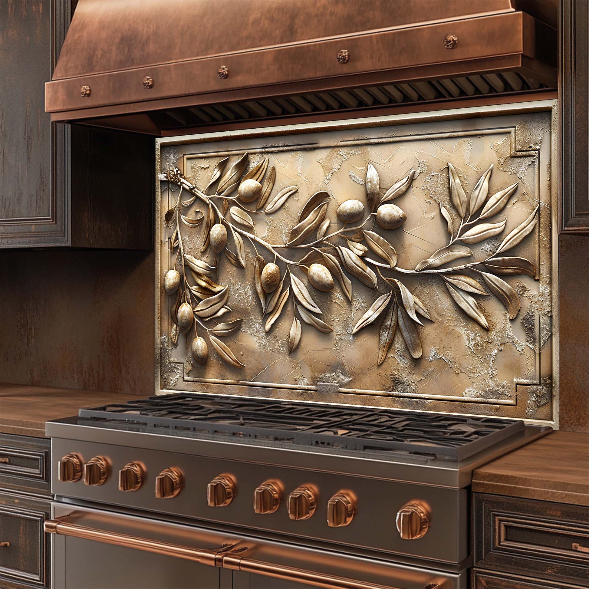 Stainless steel stove with decorative leaf design on the front of glass backsplash, featuring a copper hood.