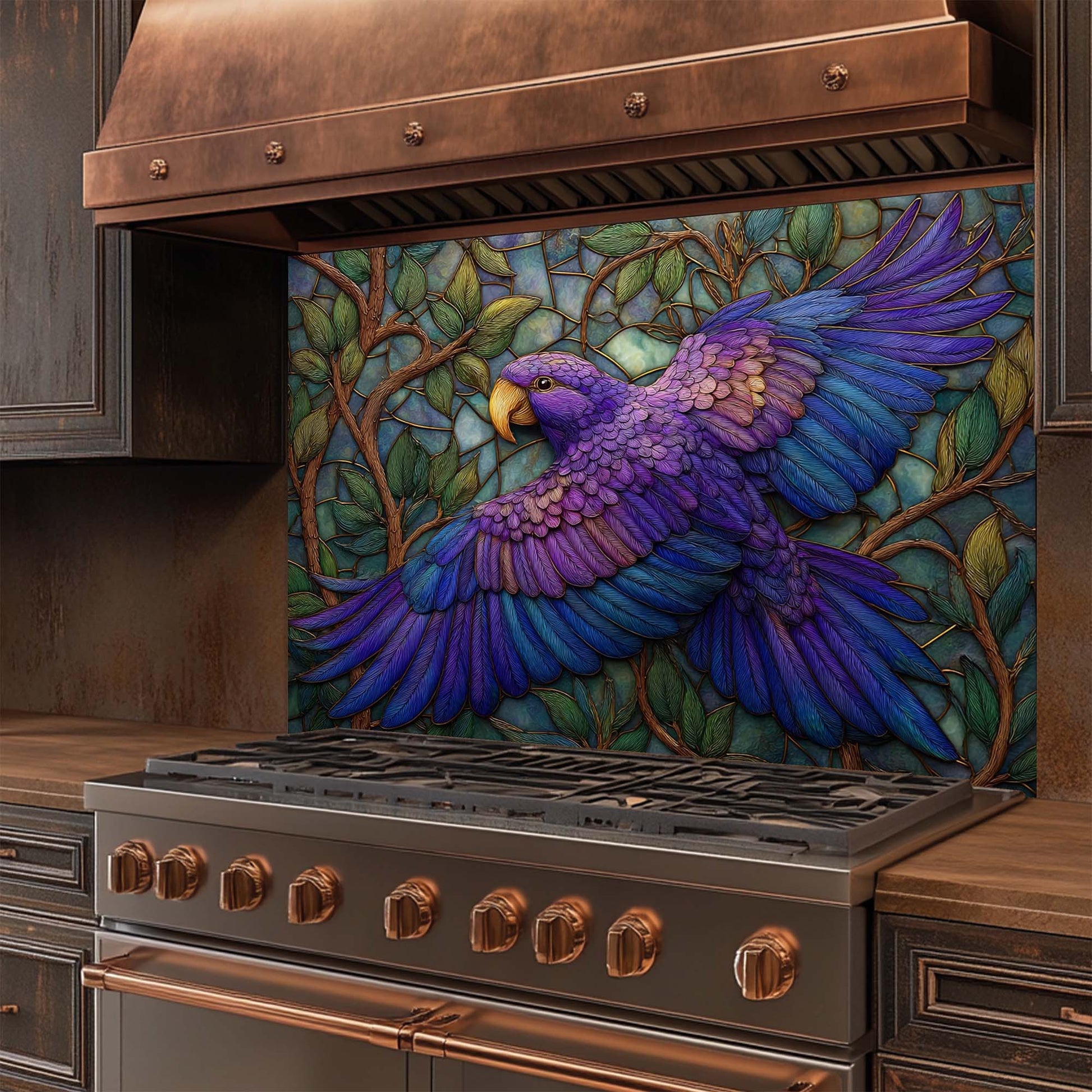 Stainless steel stove with a decorative glass backsplash featuring a colorful parrot design.