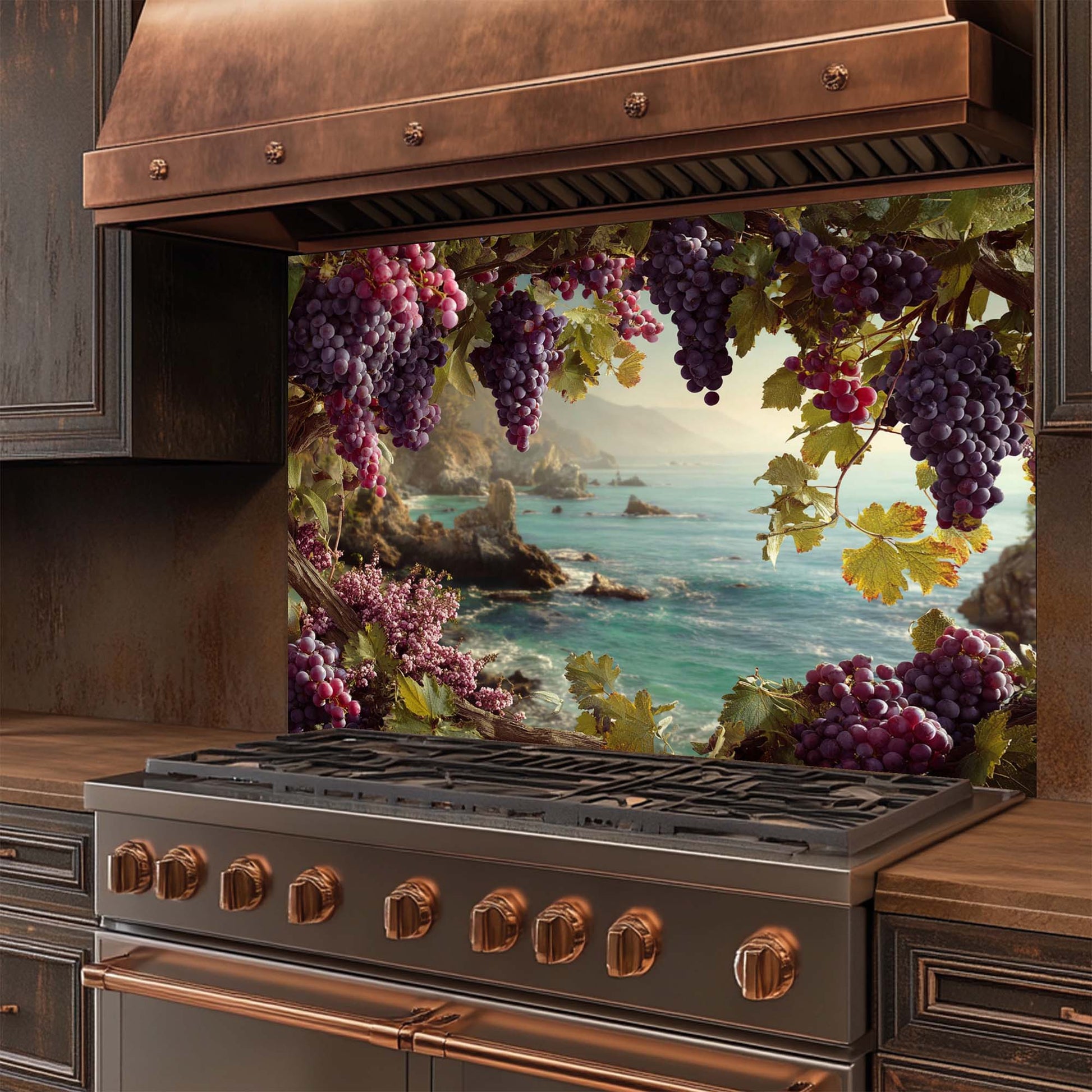 Stainless steel stove with copper accents and a decorative glass backsplash of grapes and a coastal scene.