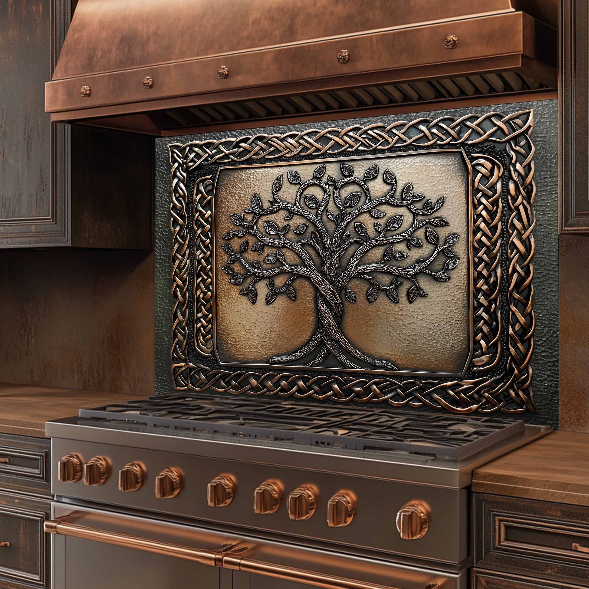 Decorative stove with tree design and bronze finish in a kitchen setting
