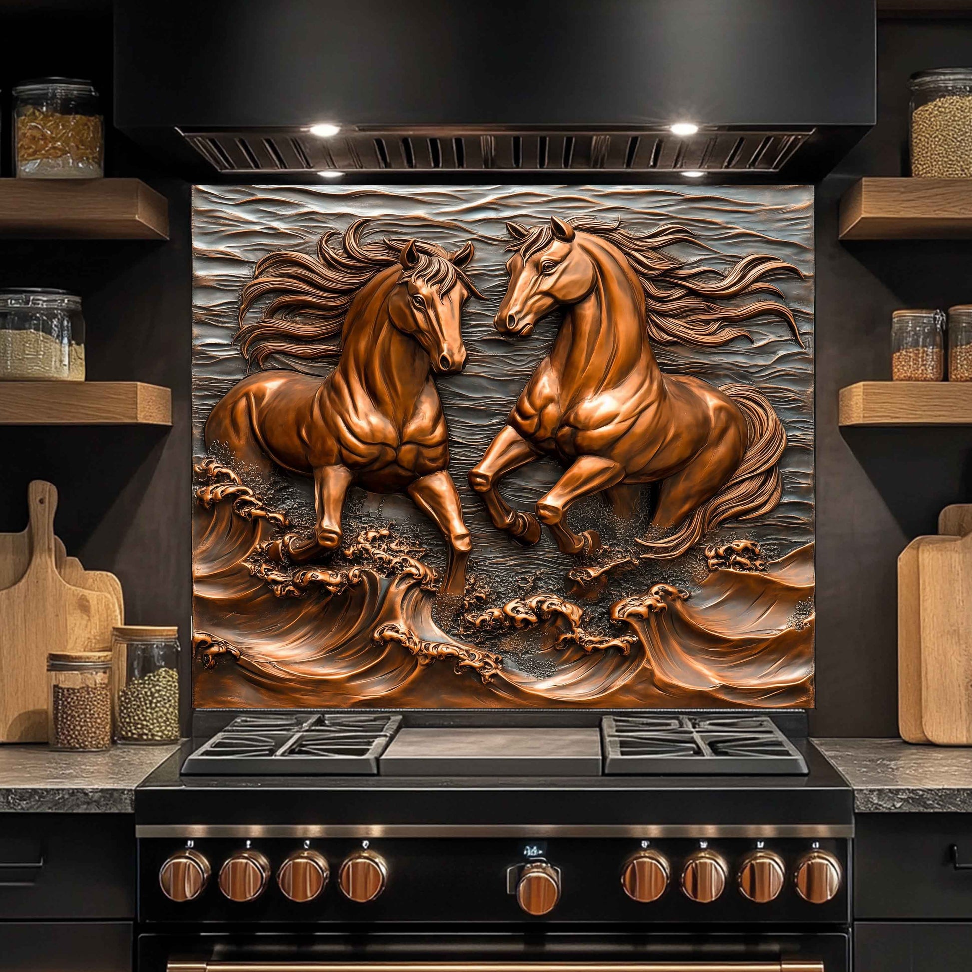 Stainless steel stove with decorative horse splashback on a dark background