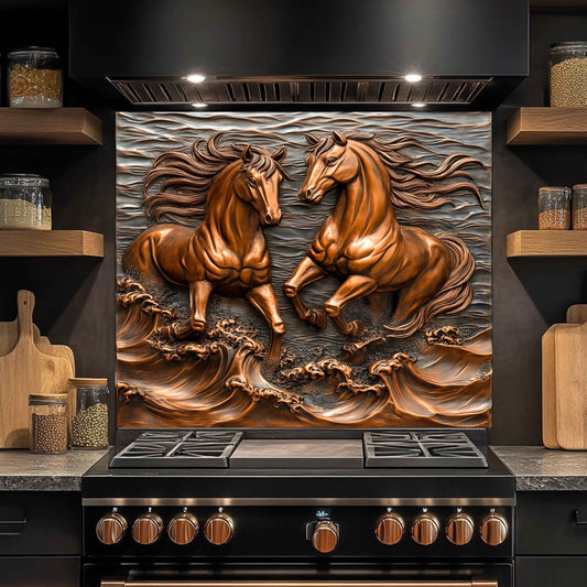 Stainless steel stove with decorative horse splashback on a dark background