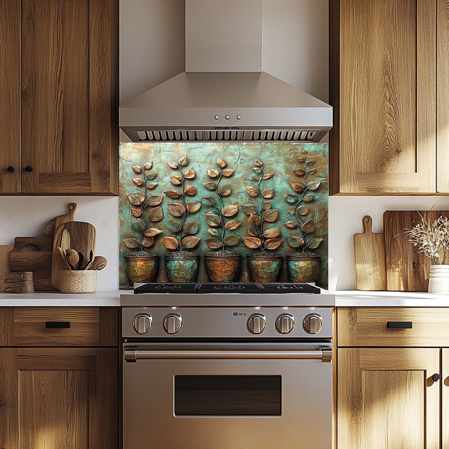 Kitchen with wooden cabinets, a stove, and decorative kitchen backsplash.