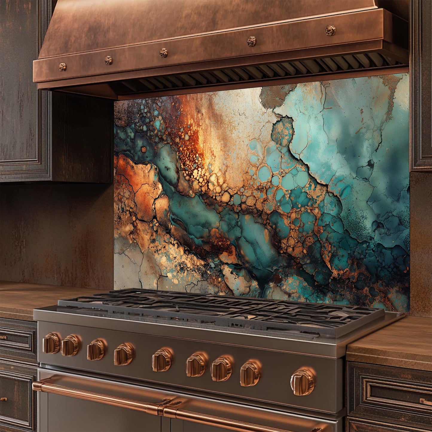 Tempered Glass Backsplash – Abstract Copper and Turquoise Texture with Metallic Finish, Modern Kitchen Decor