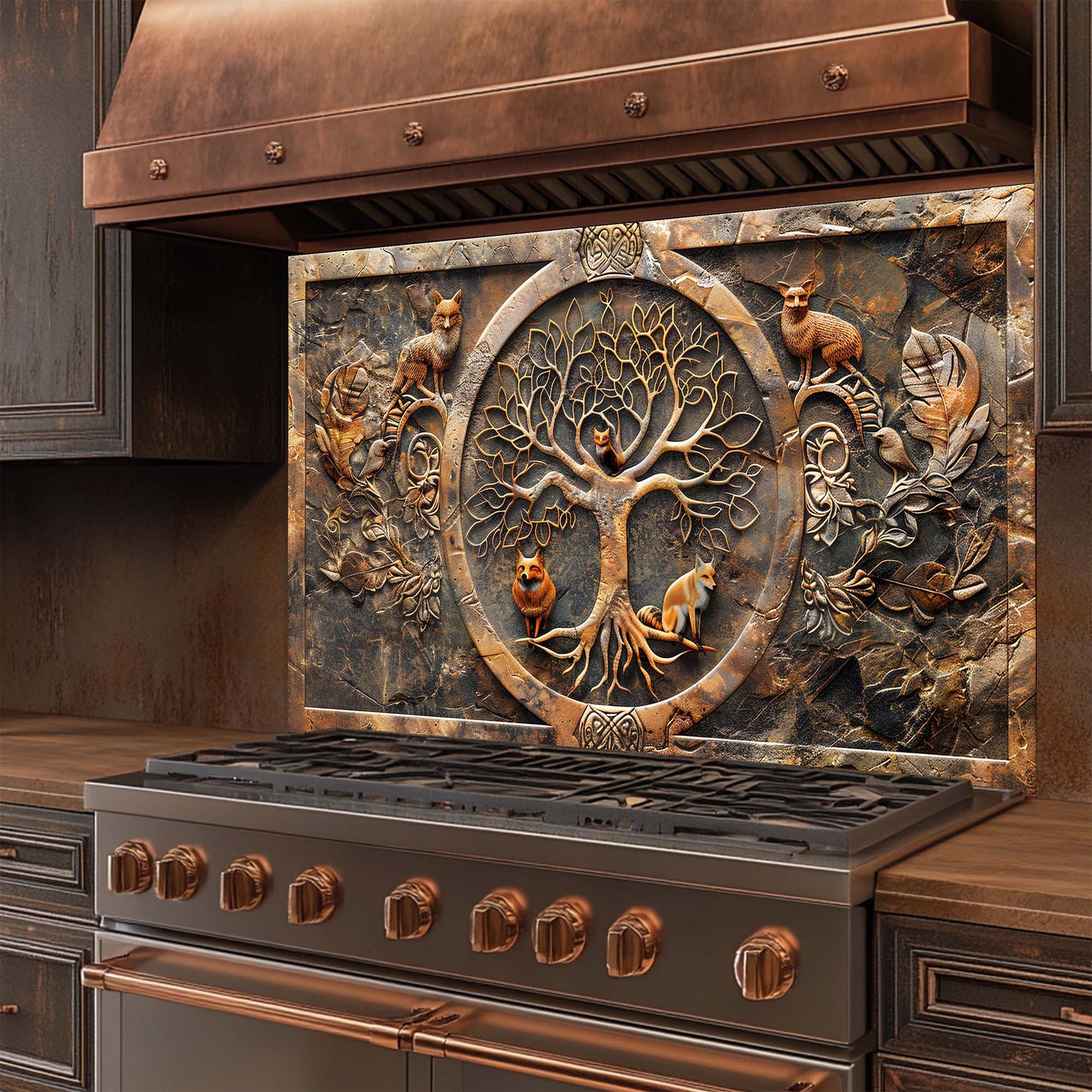 Decorative stove with a tree of life design glass backsplash in a kitchen setting