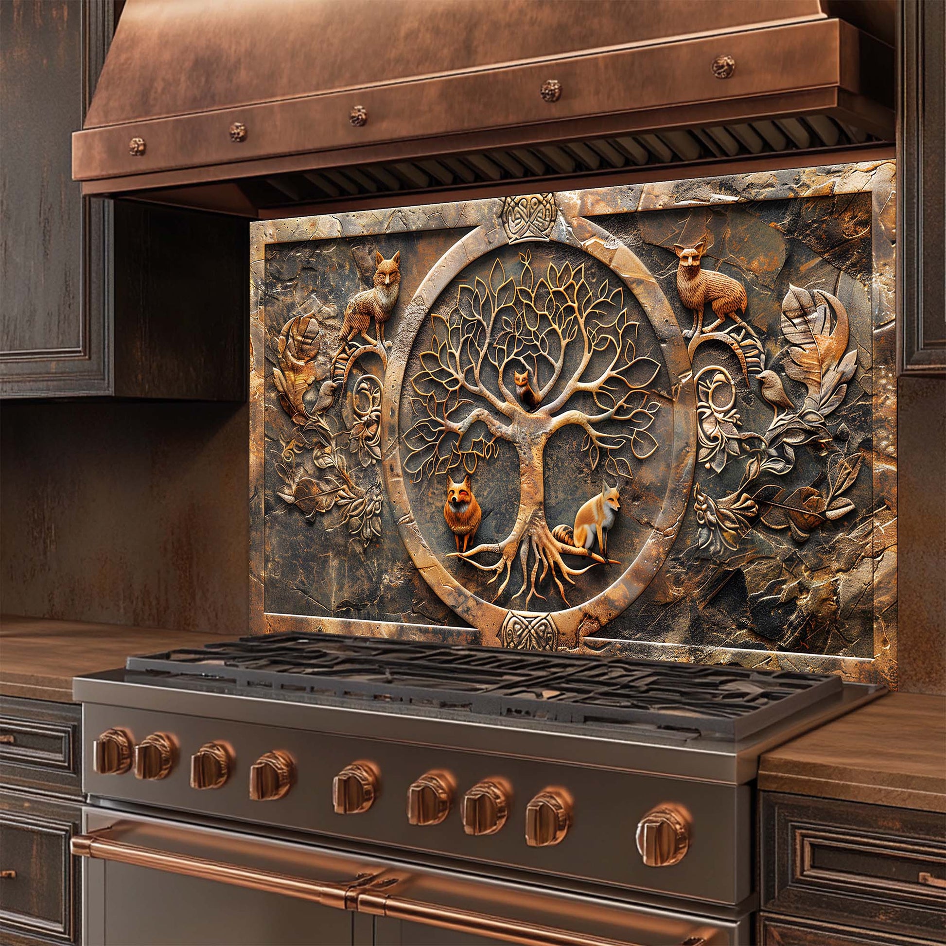 Decorative stove with a tree of life design glass backsplash in a kitchen setting