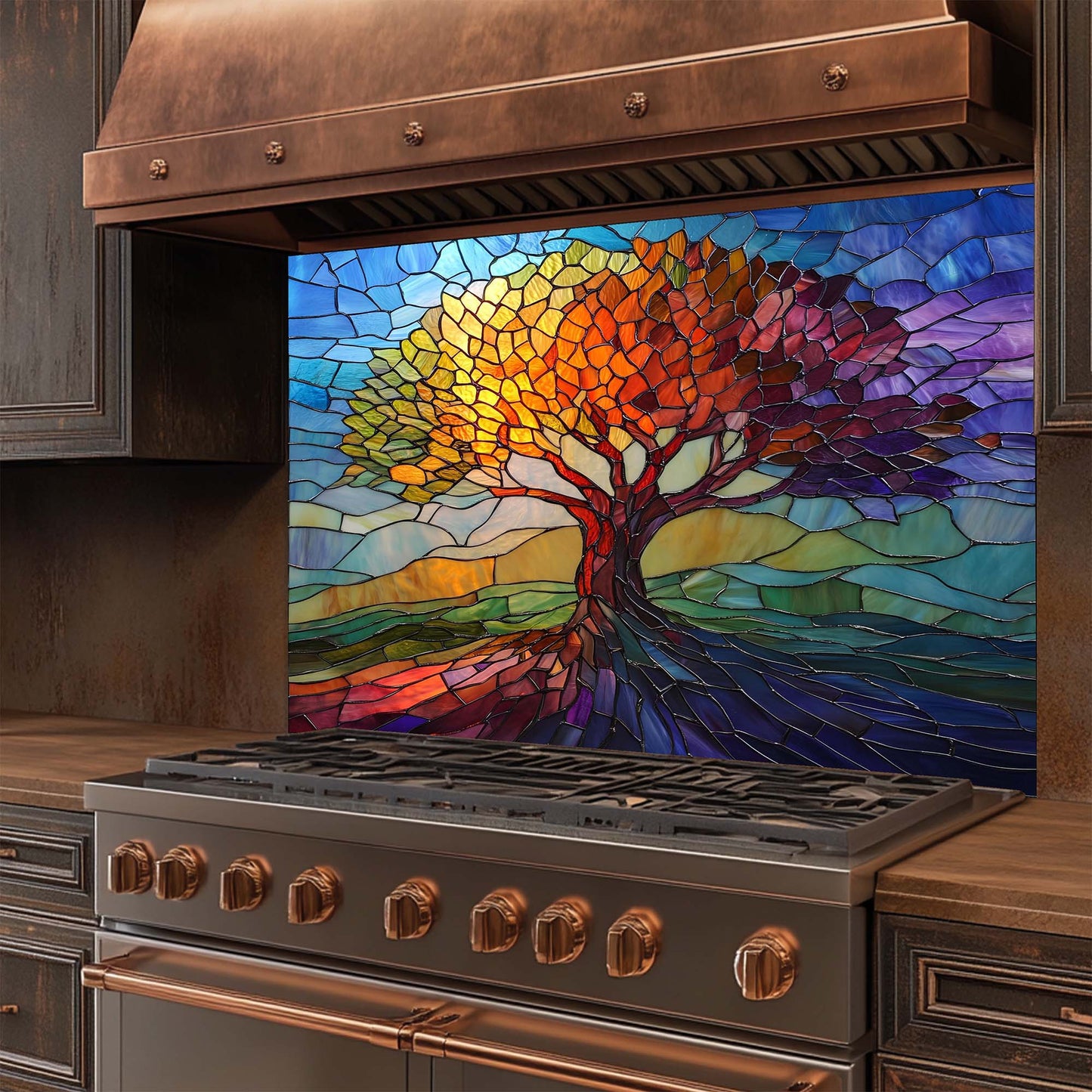 Stainless steel stove with a colorful stained glass-style tree design on the back splash