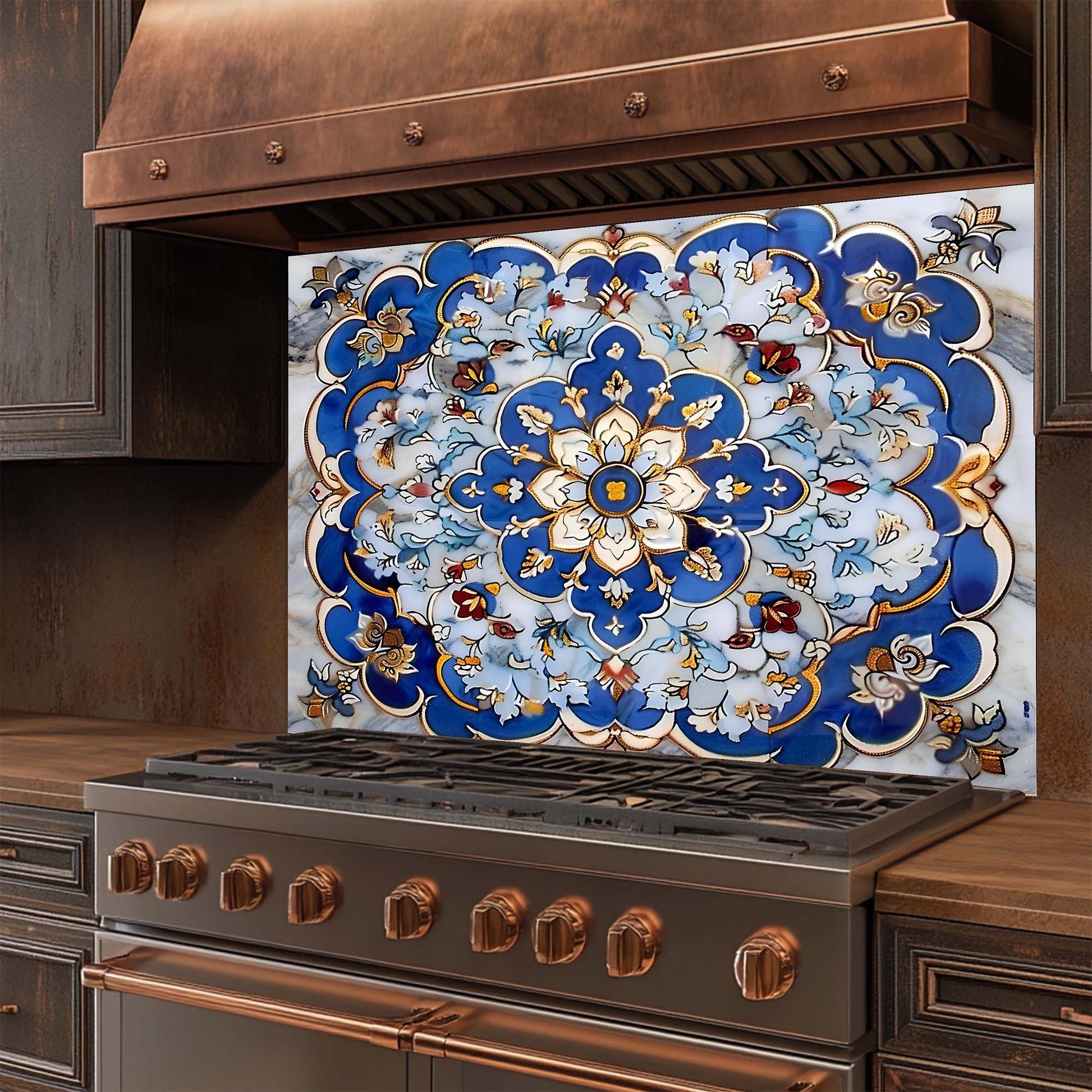 Decorative glass backsplash with intricate blue and white pattern above a stove with bronze accents.
