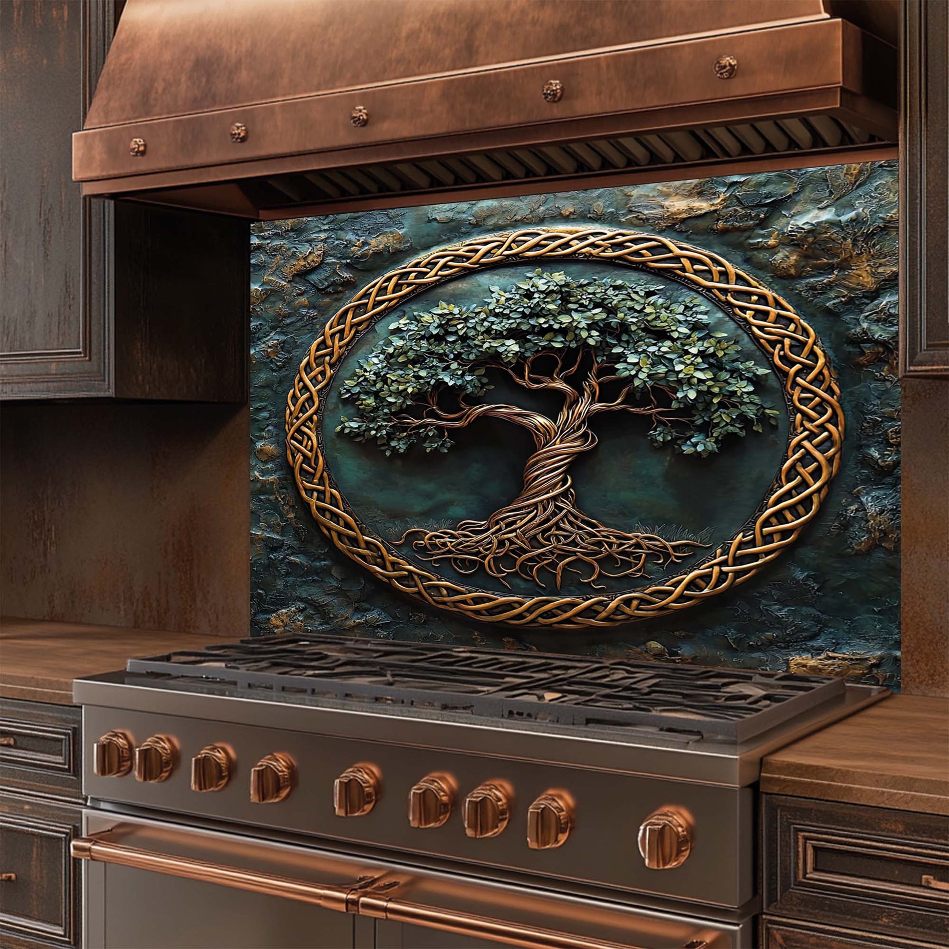 Stainless steel stove with decorative glass backsplash featuring a tree and Celtic knot design.