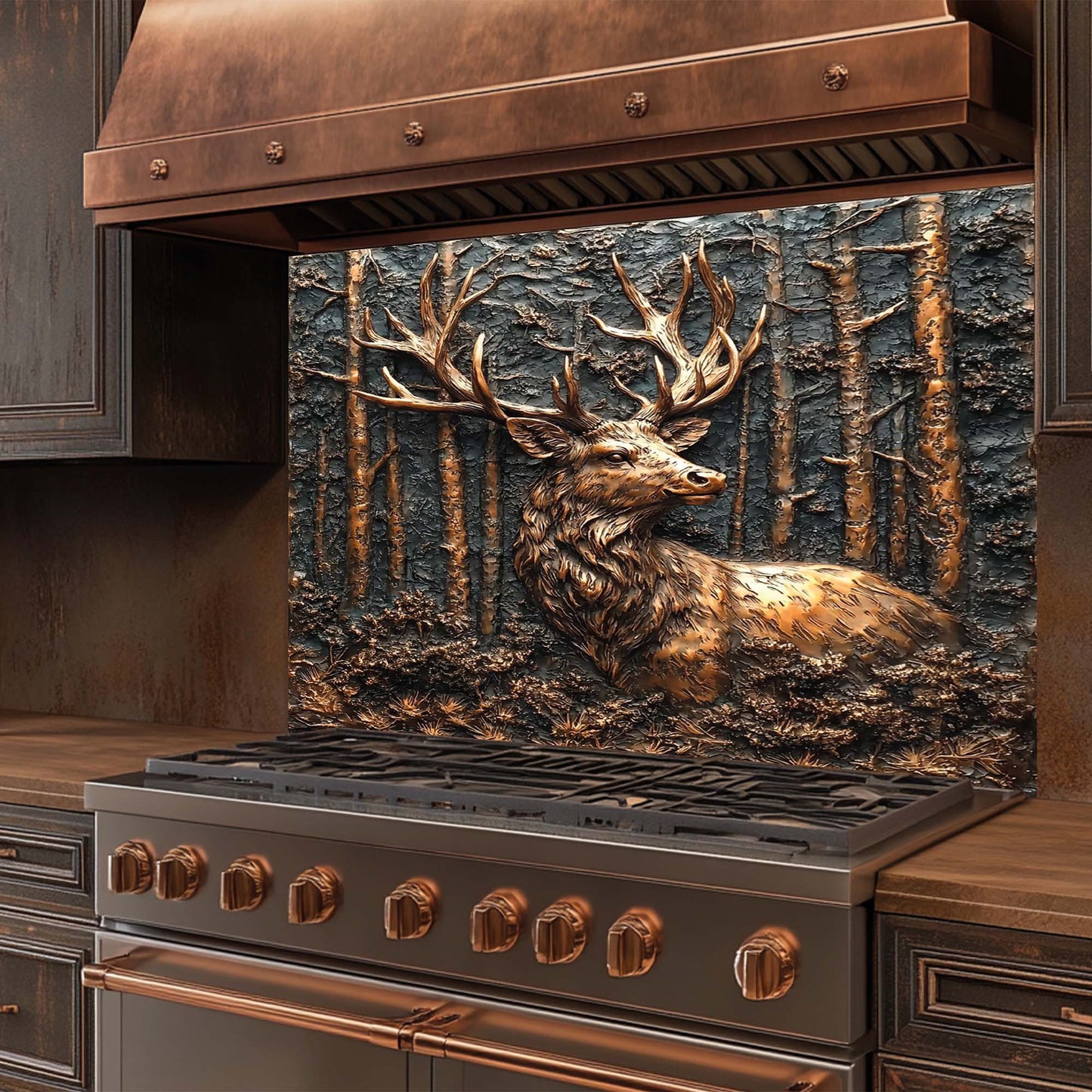 Copper forest design with deer head – rustic tempered glass backsplash for kitchen and stove backsplash tile alternative.