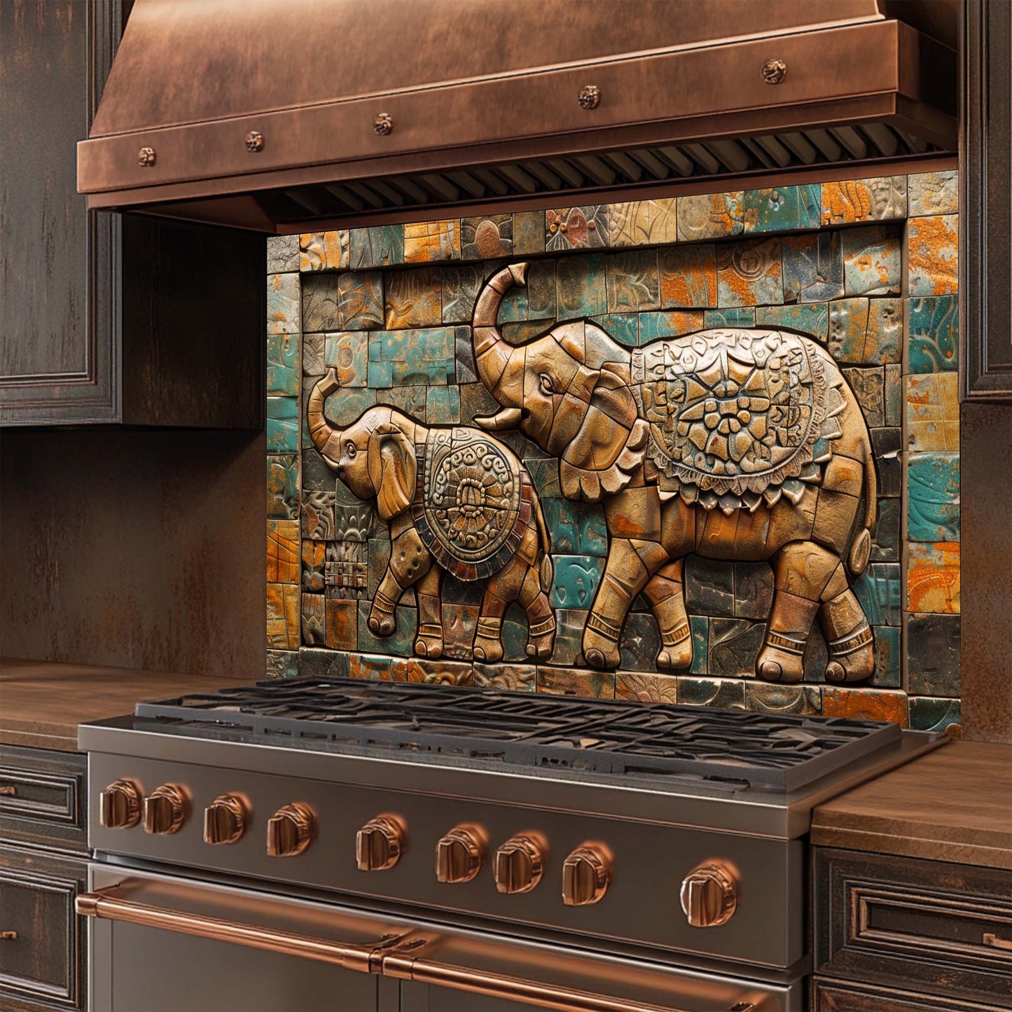 Decorative glass backsplash with elephant design above a stove in a kitchen.