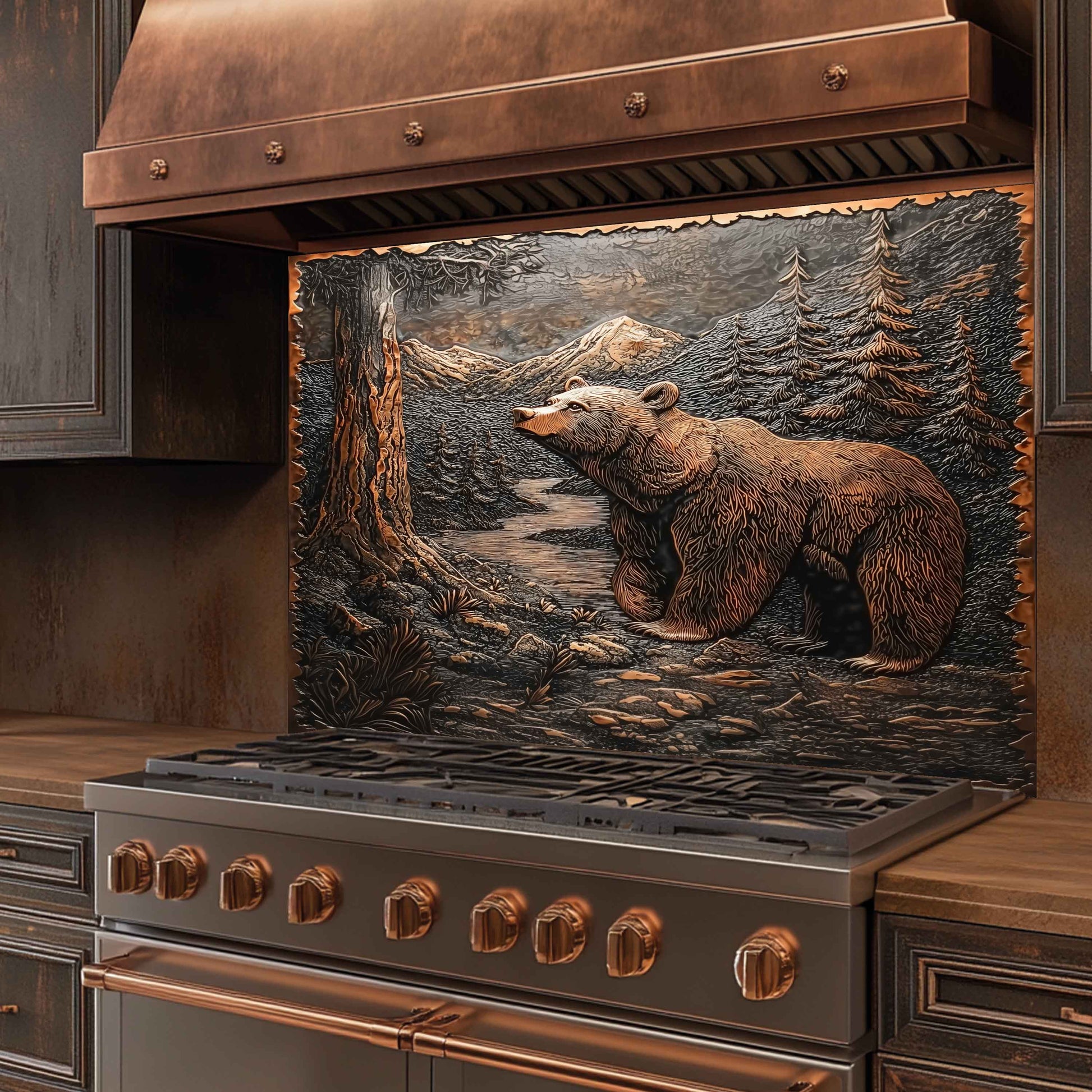 Stainless steel stove with copper accents and bear backsplash on the front
