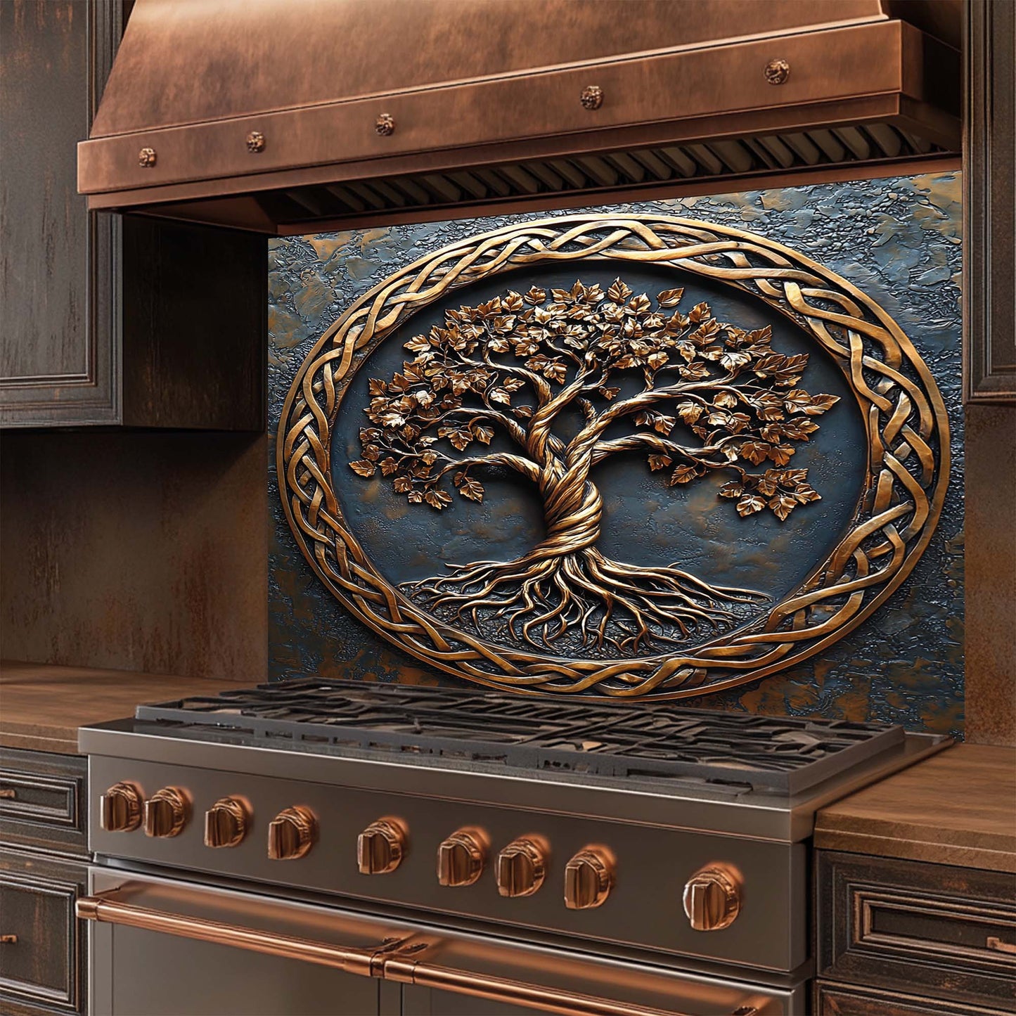 Decorative glass backsplash with a tree design on a kitchen stove