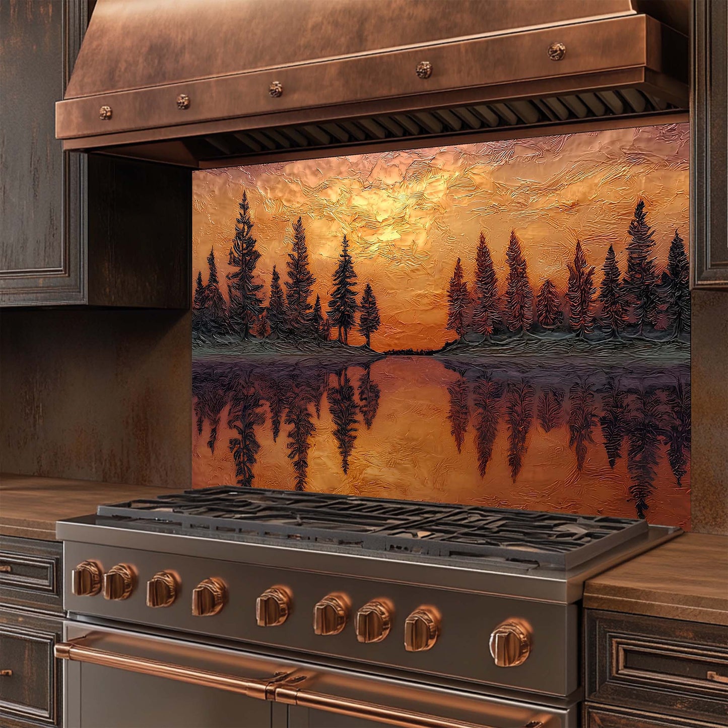 Stainless steel stove with copper accents and a decorative glass backsplash featuring a sunset over a lake scene.
