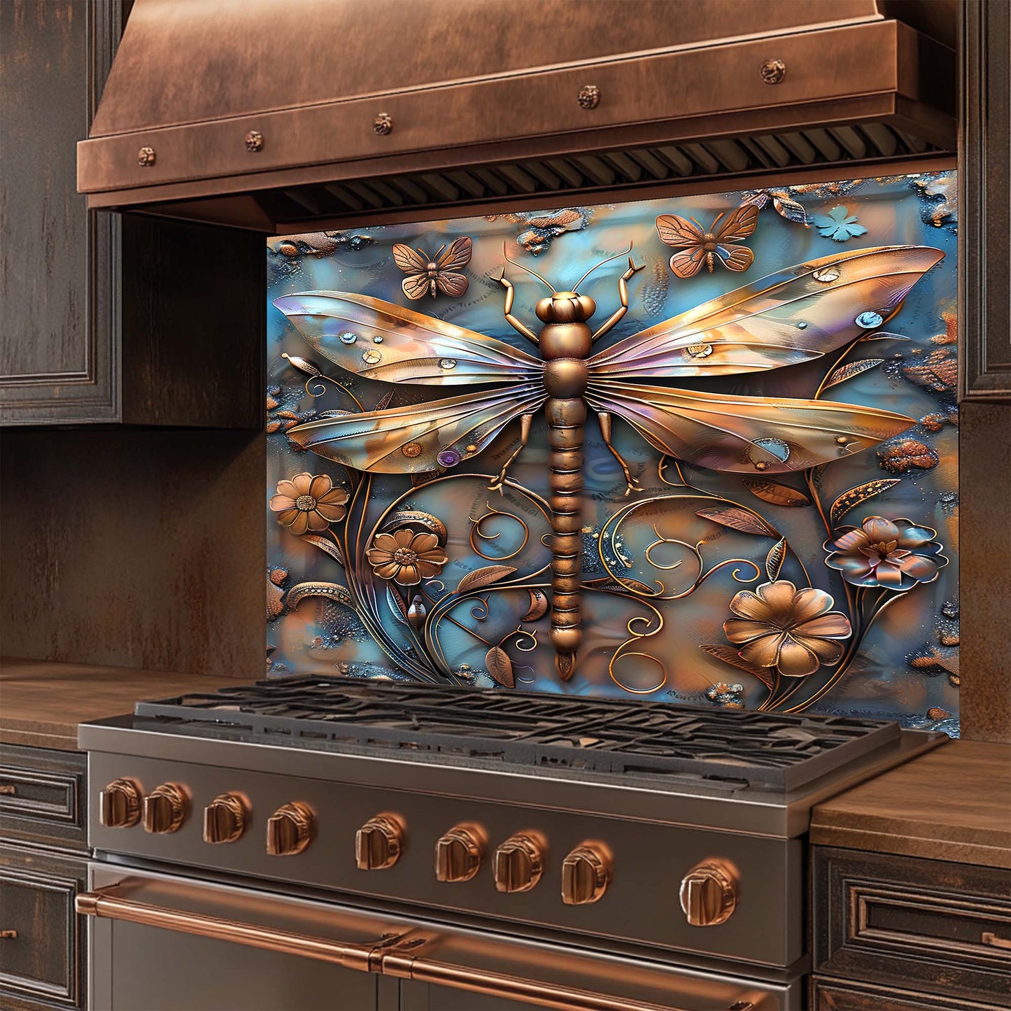 Decorative glass backsplash with a dragonfly design in a kitchen setting