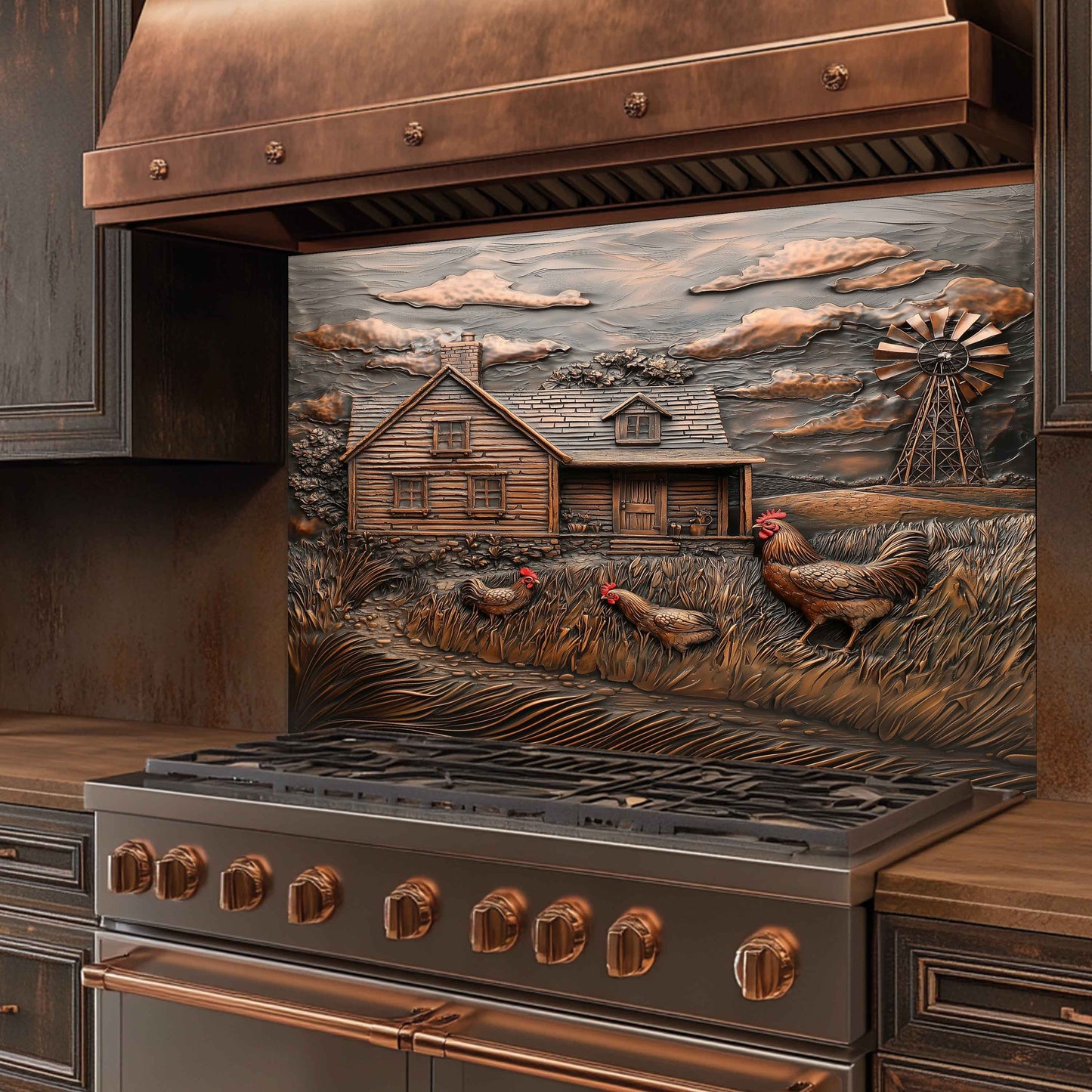 Decorative stove with a rustic scene featuring a house, windmill, and chickens.