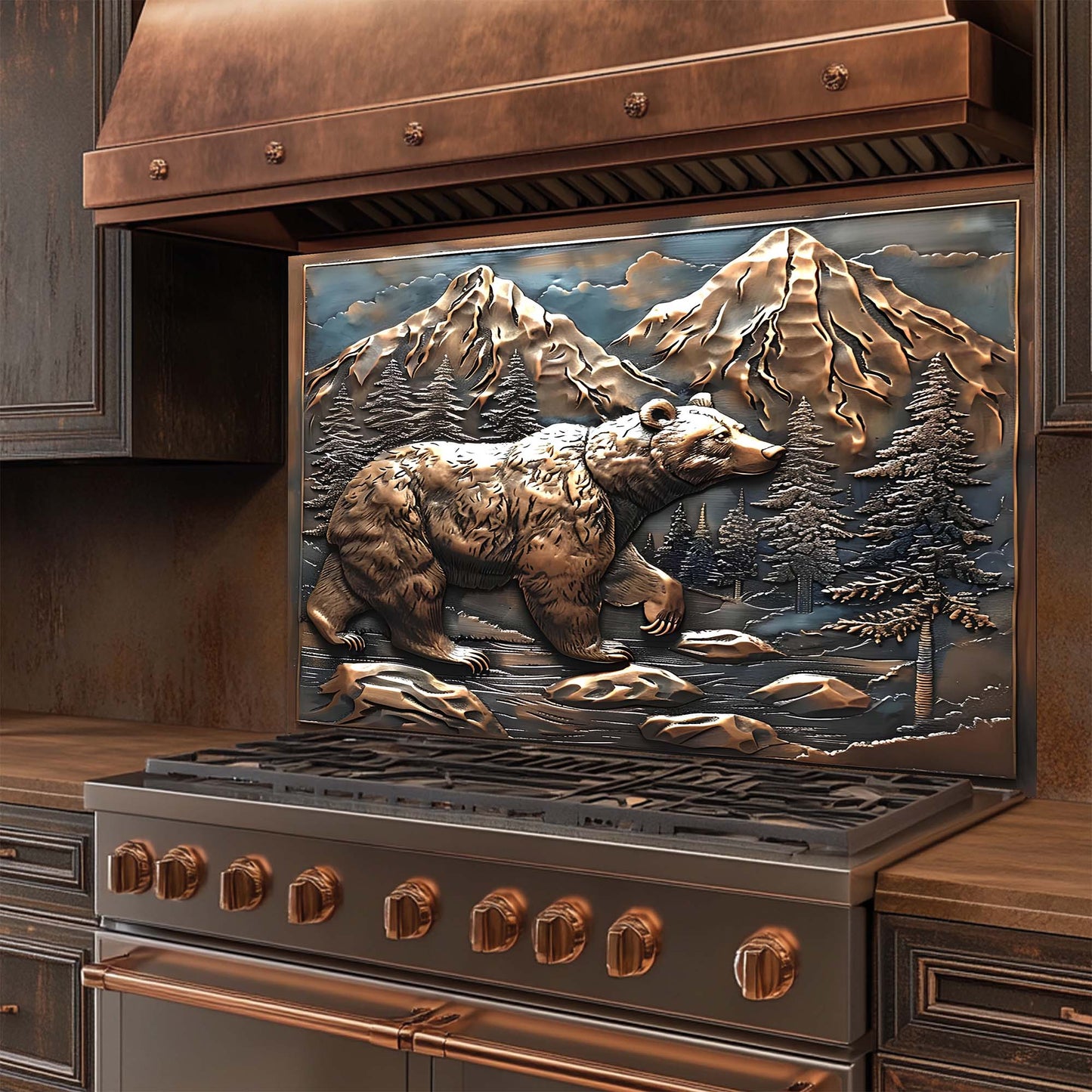 Stainless steel stove with decorative mountain and bear glass backsplash