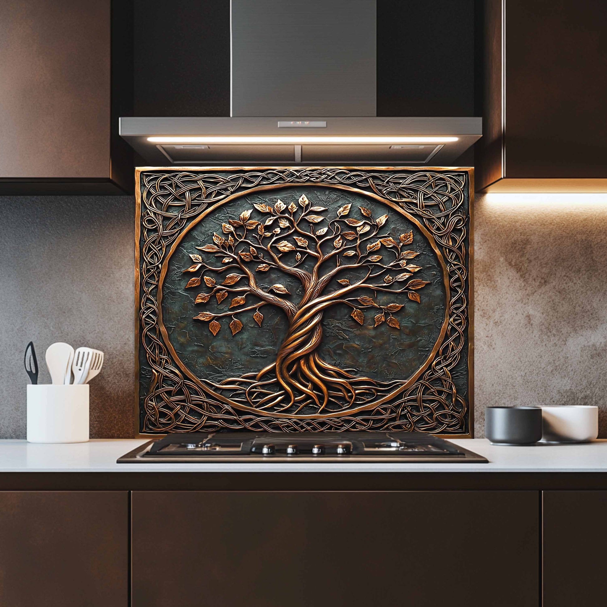 Decorative backsplash with a tree design above a kitchen stove.