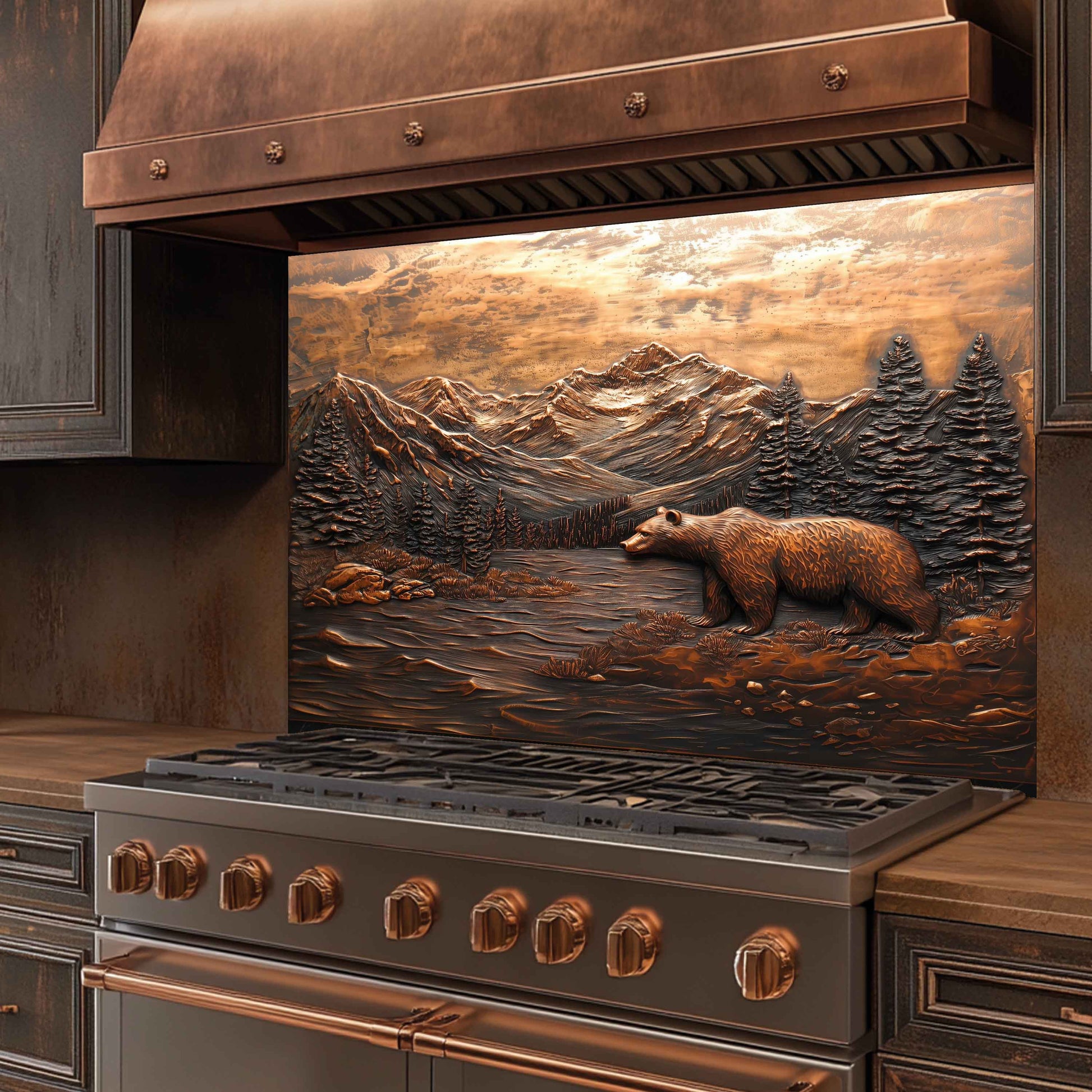 Stainless steel stove with tempered glass splashback featuring a bear and mountain landscape design.