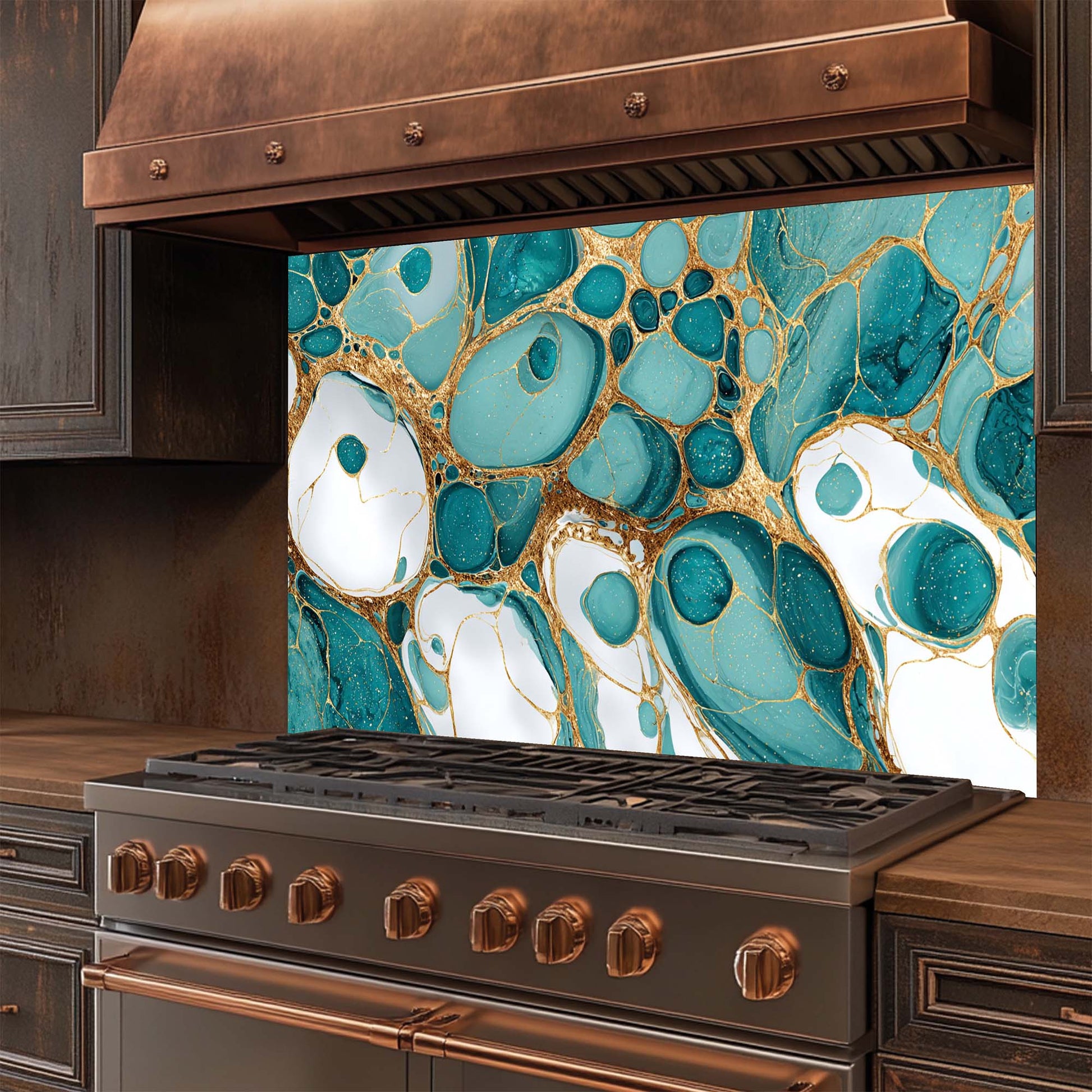 Stainless steel stove with copper accents and a decorative glass backsplash featuring teal and gold abstract design.